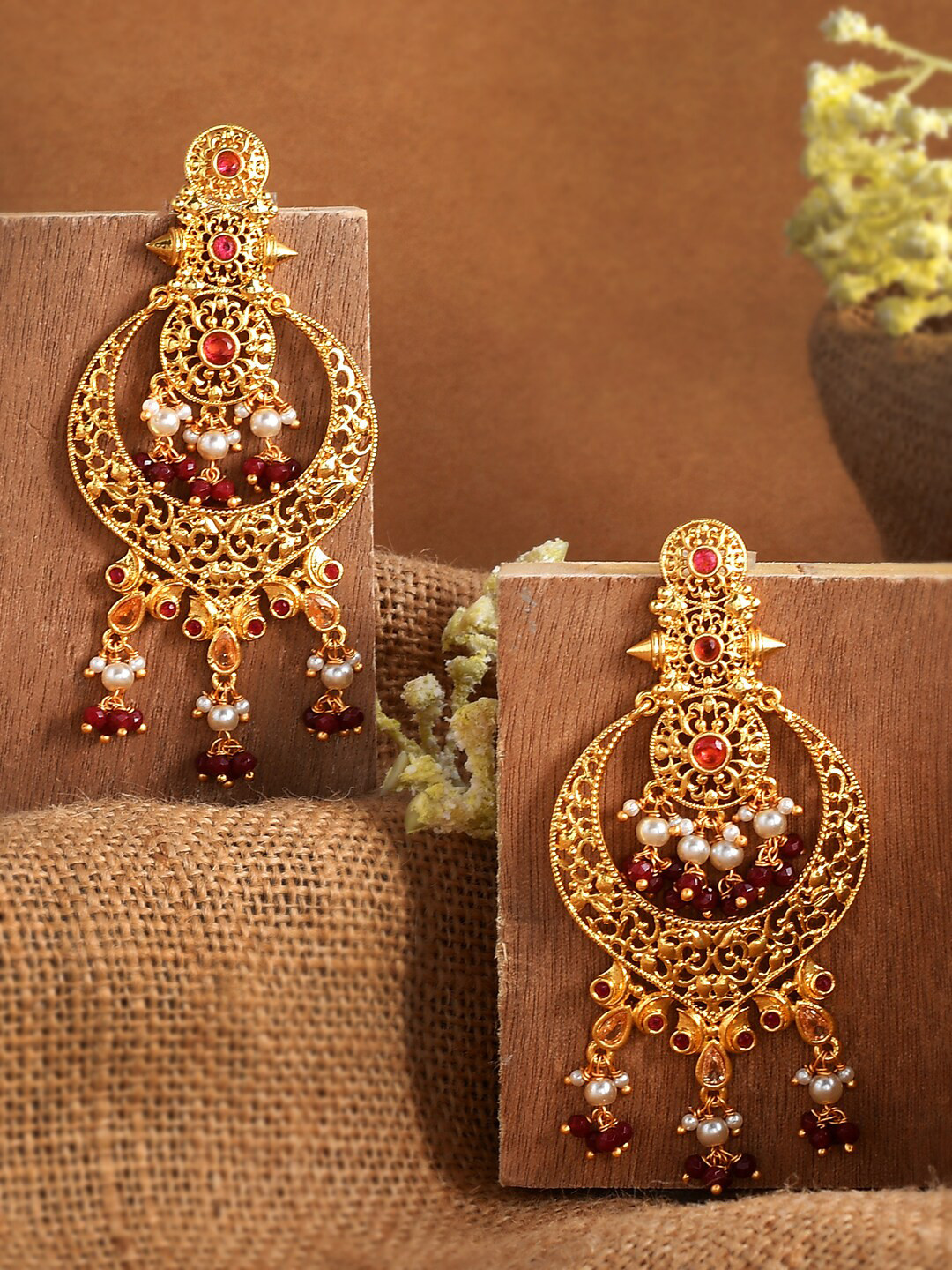 Abharan White Pearls and Red Stones Drop Earrings