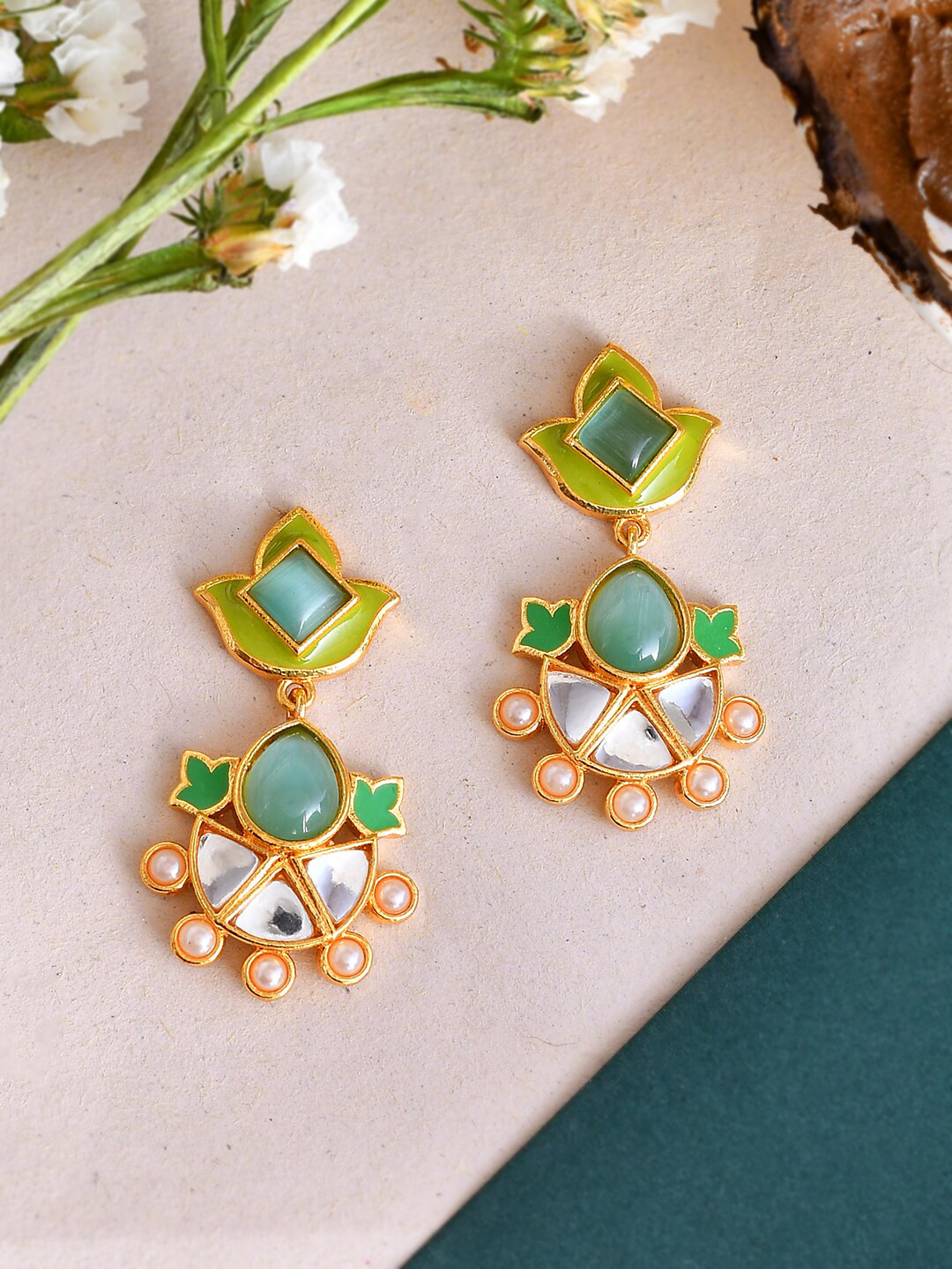 Forever More Green Enamelled Floral Pearls and Green Stones Earrings