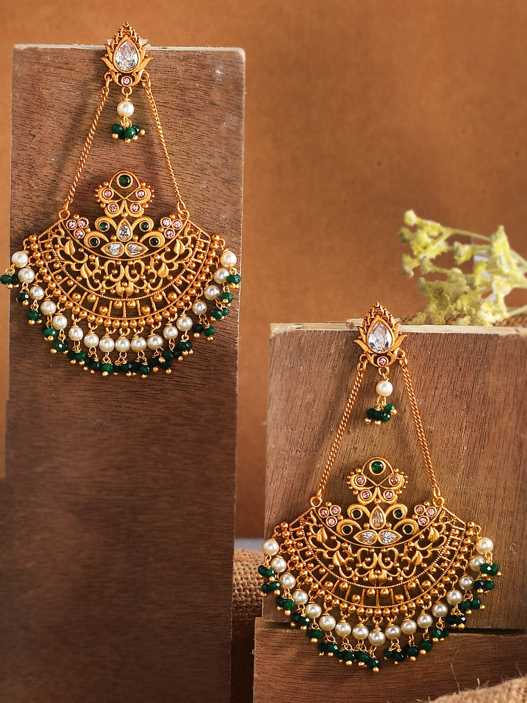 Abharan Ethnic White Pearls and Green Stones Filigree Earrings
