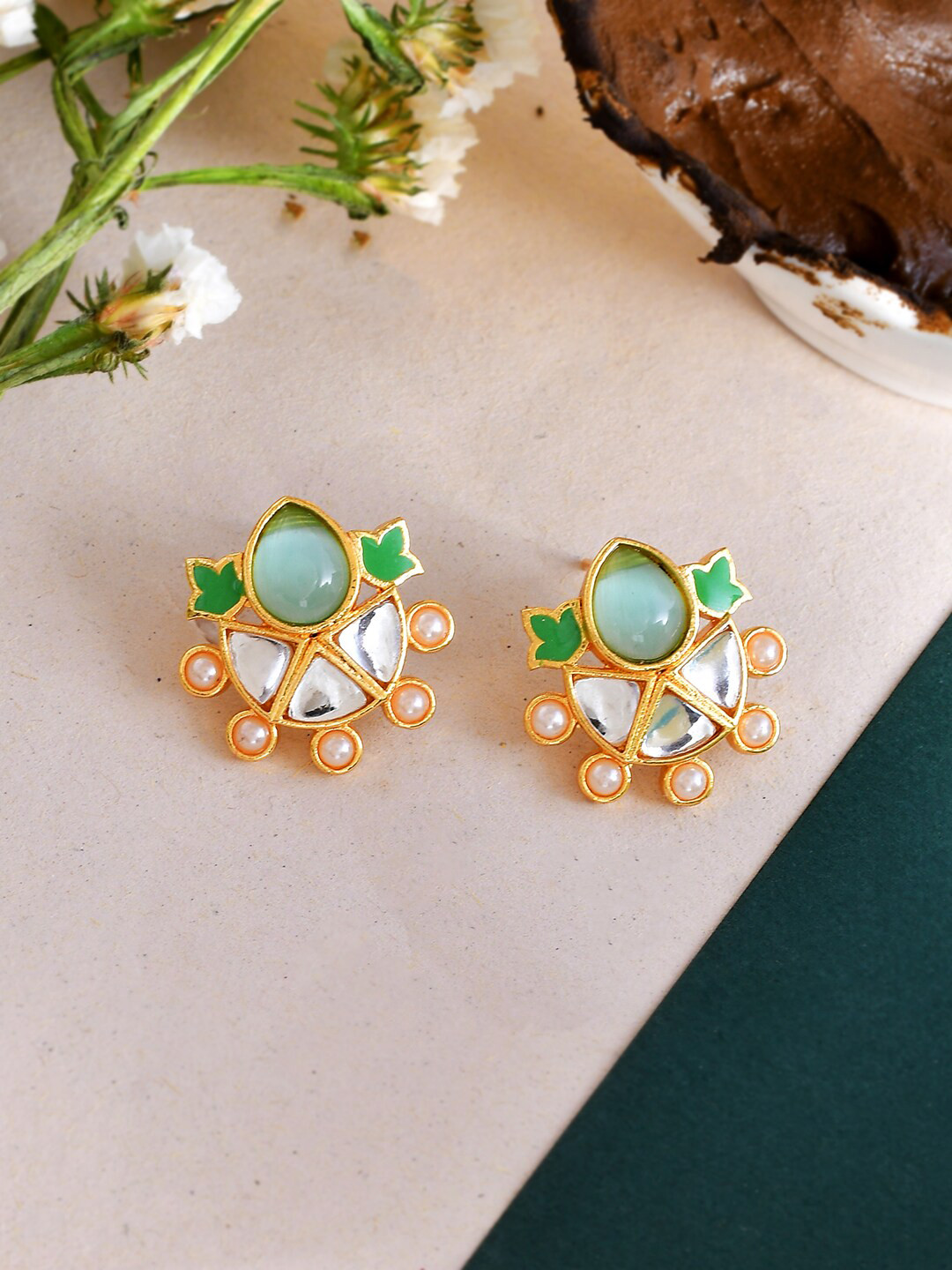 Forever More Enamelled Green Stone and Pearls Earrings