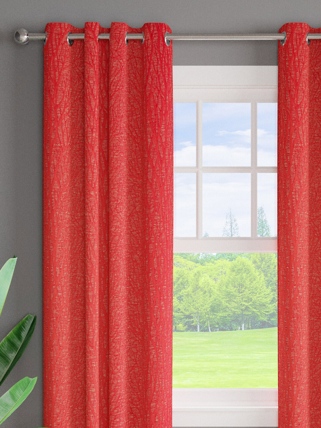 Just Home Red 2 Pieces Textured Room Darkening Jacquard Window Curtains