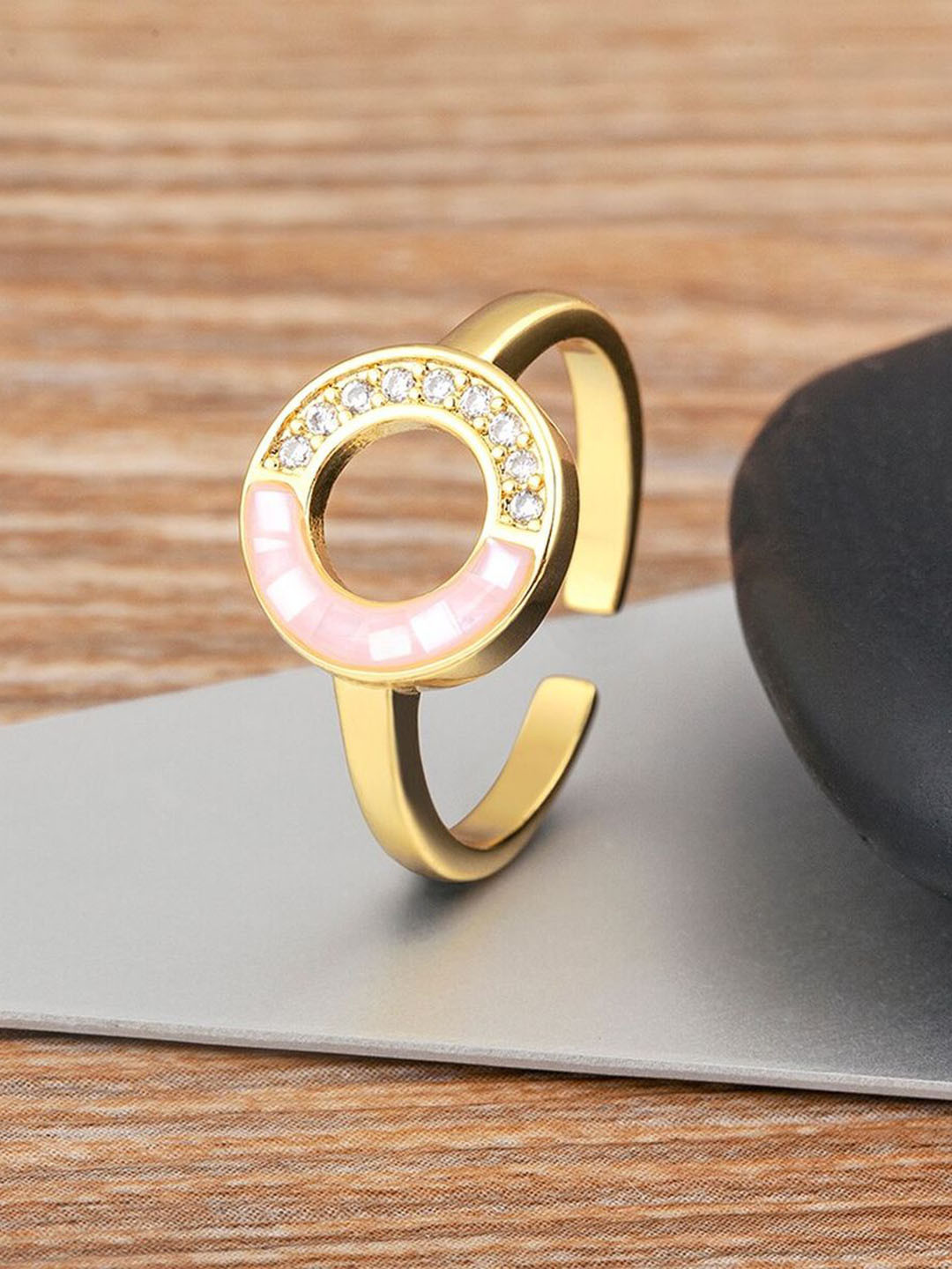 ZIVOM 18K Gold-Plated Circle Mother Of Pearl Cubic Zirconia-Studded Ring