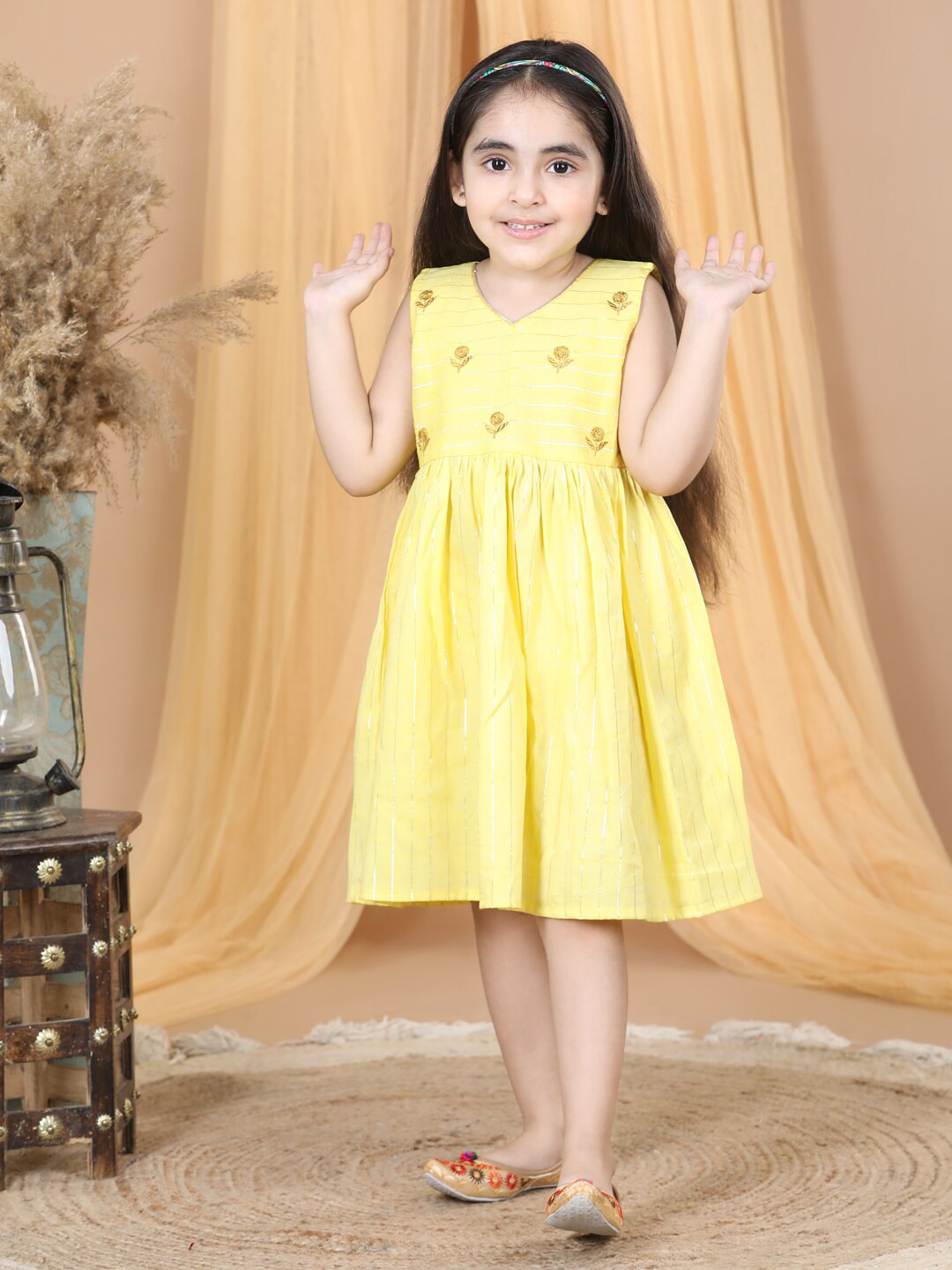 Here&Now X Kinder Kids Embroidered Zari Variegated Striped Cotton Fit & Flare Ethnic Dress