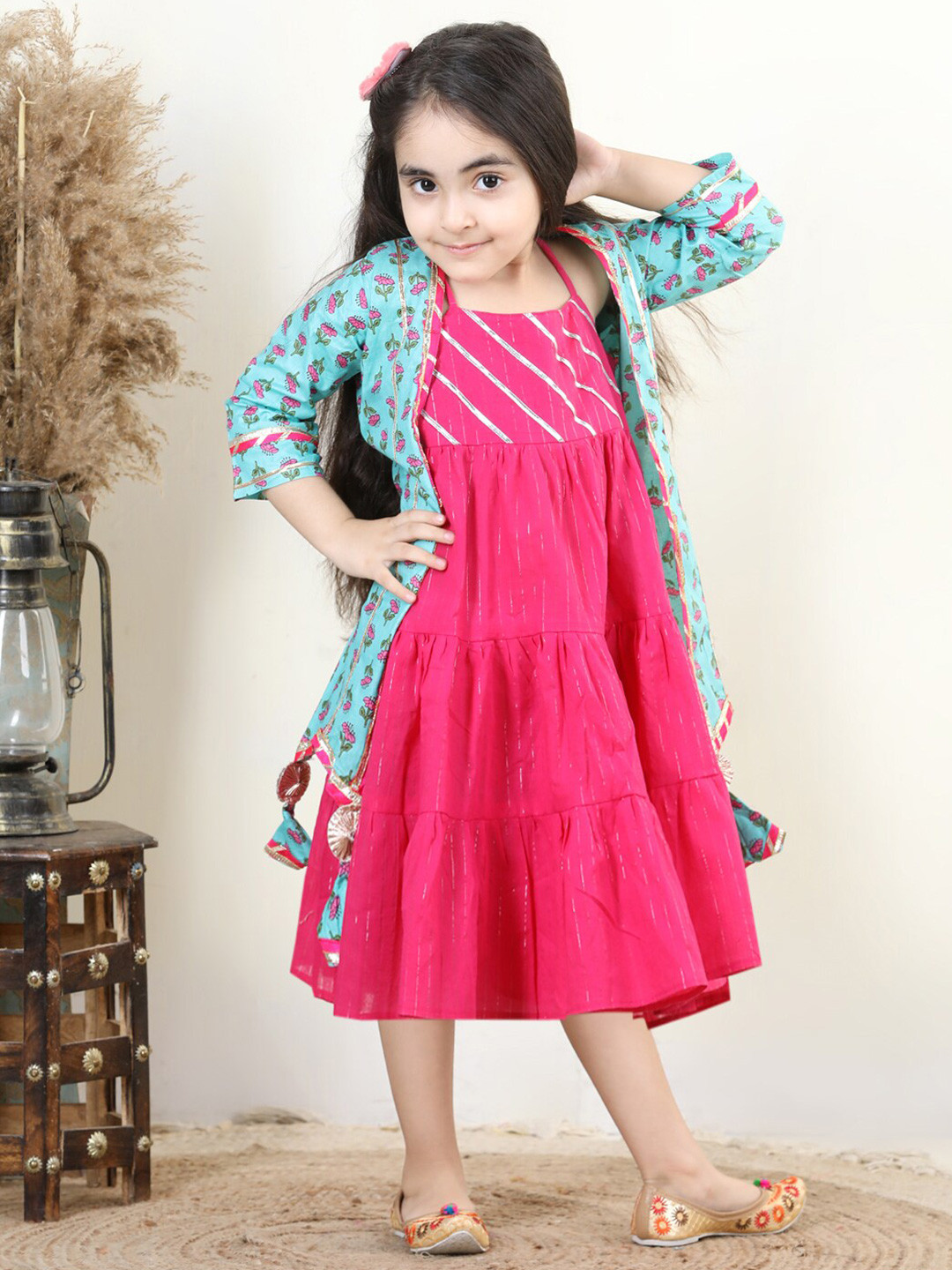 Here&Now X Kinder Kids Girls Self Designed Tiered Cotton Fit & Flare Ethnic Dress With Jacket