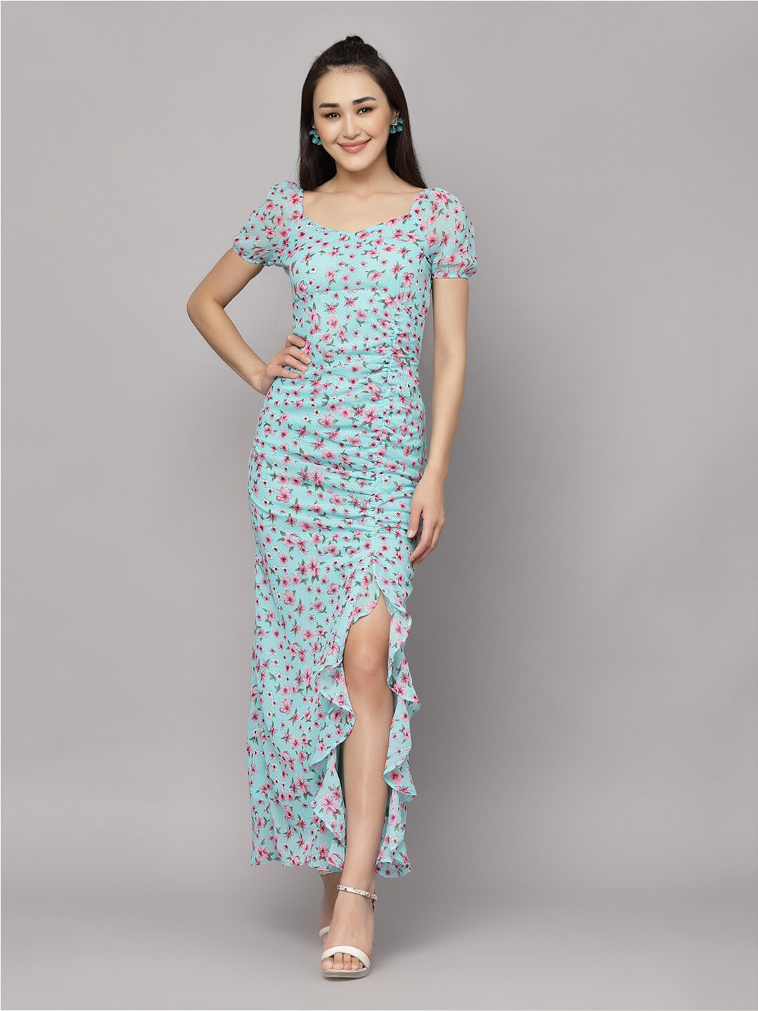 aayu Floral Printed V-Neck Puff Sleeves Ruffles Detailed Ruched Maxi Dress