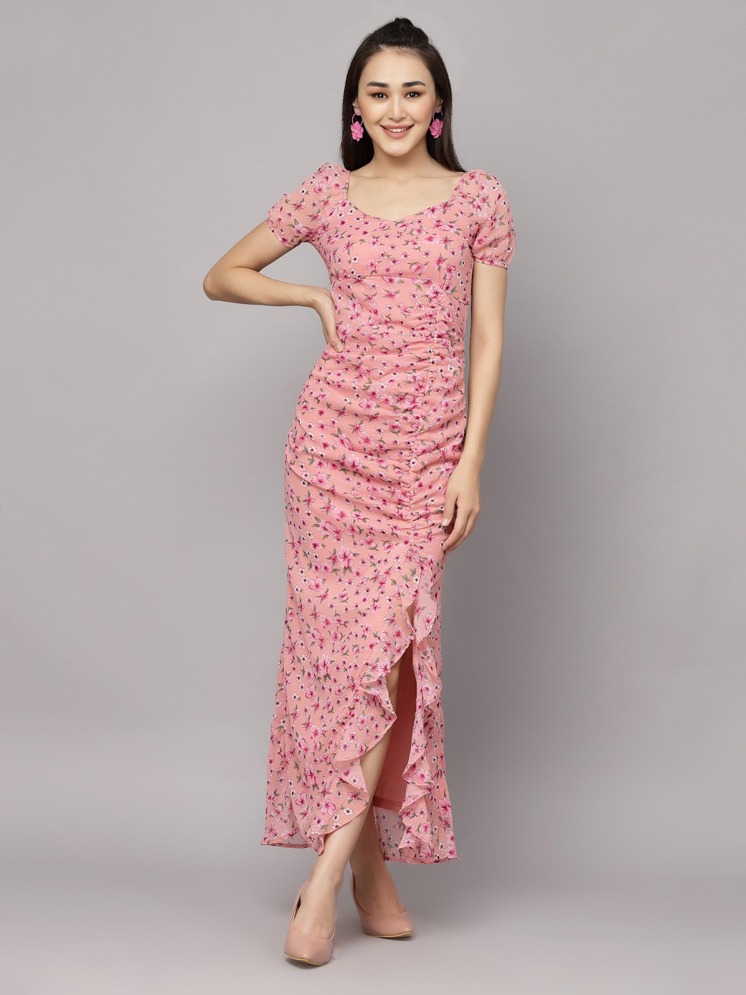aayu Floral Printed V-Neck Puff Sleeves Ruffles Detailed Ruched Maxi Dress