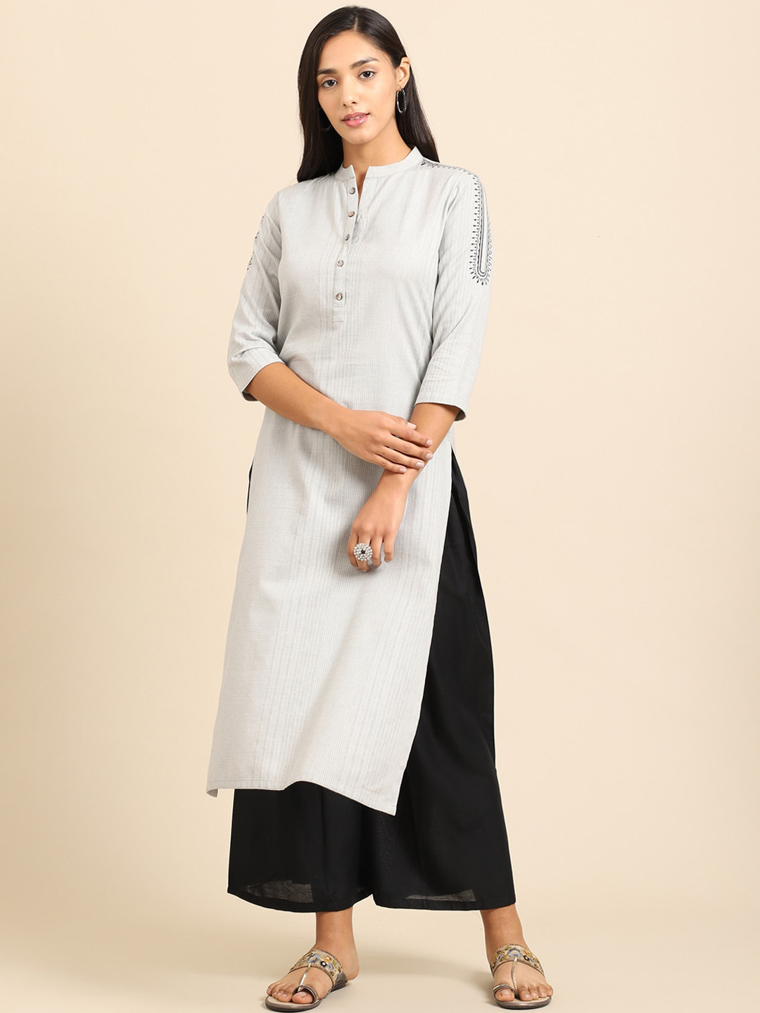 Katn India White Colour Ethnic Motifs Printed Band Collar Neck Thread Work Straight Kurta