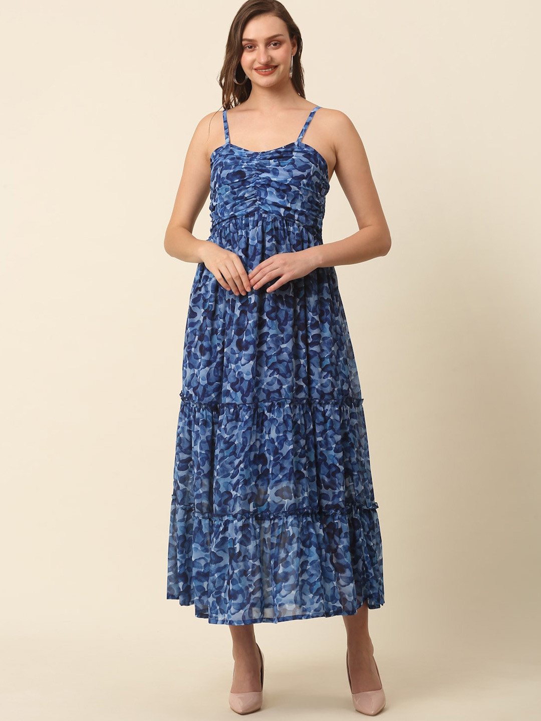 plusS Blue Abstract Printed Shoulder Straps Tiered Fit & Flare Maxi Dress