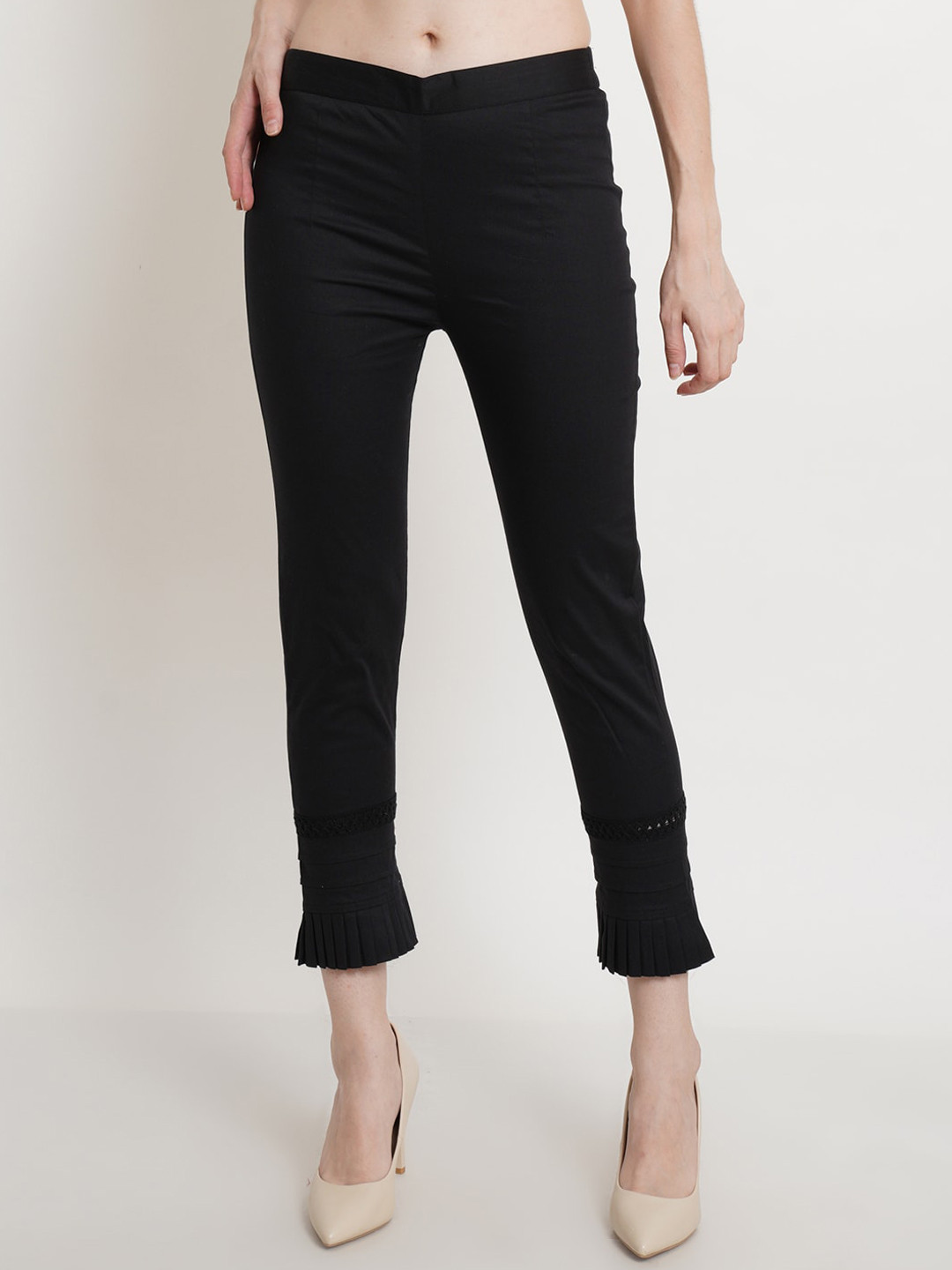 Popwings Women Lace Insert Mid-Rise Smart Cropped Cotton Trousers