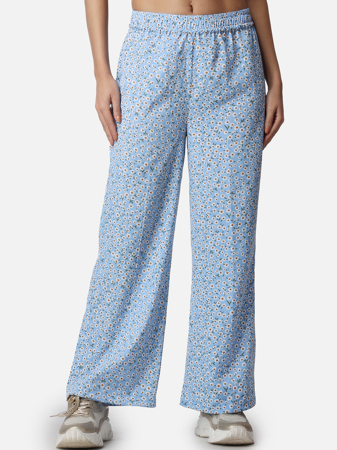 Popwings Women Floral Printed Relaxed Loose Fit High-Rise Easy Wash Trousers
