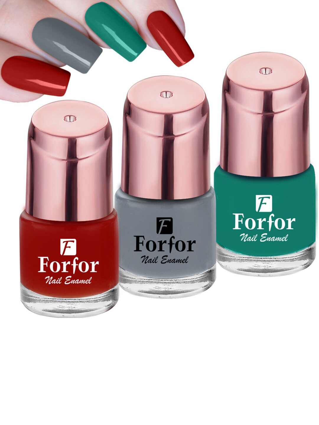 FORFOR Perfect Stay Rose Gold Set Of 3 Glossy Nail Polishes-Deep Red107-Grey110-Green113