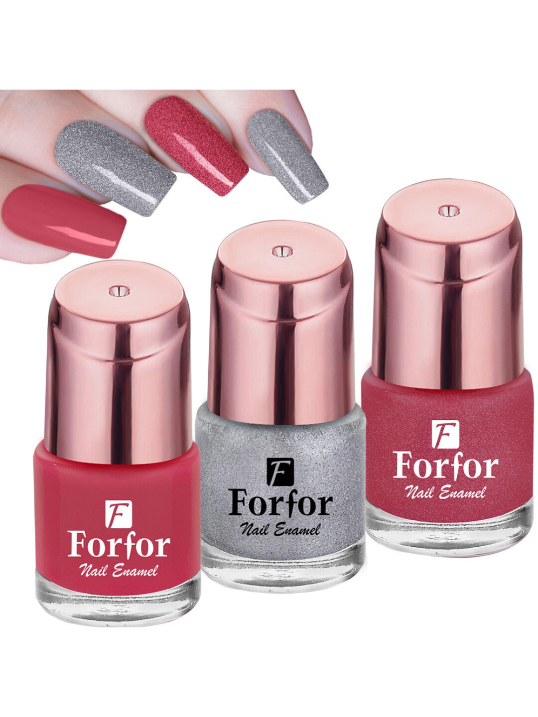 FORFOR Perfect Stay Rose Gold Set Of 3 Glossy Nail Polishes-Pink-Silver-Glitter Pink