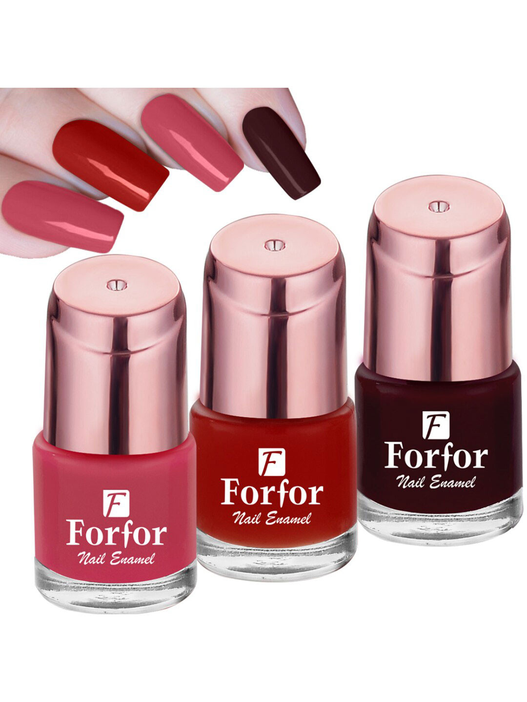FORFOR Perfect Stay Rose Gold Set Of 3 Glossy Nail Polishes-Pink102-Deep Red107-Maroon111