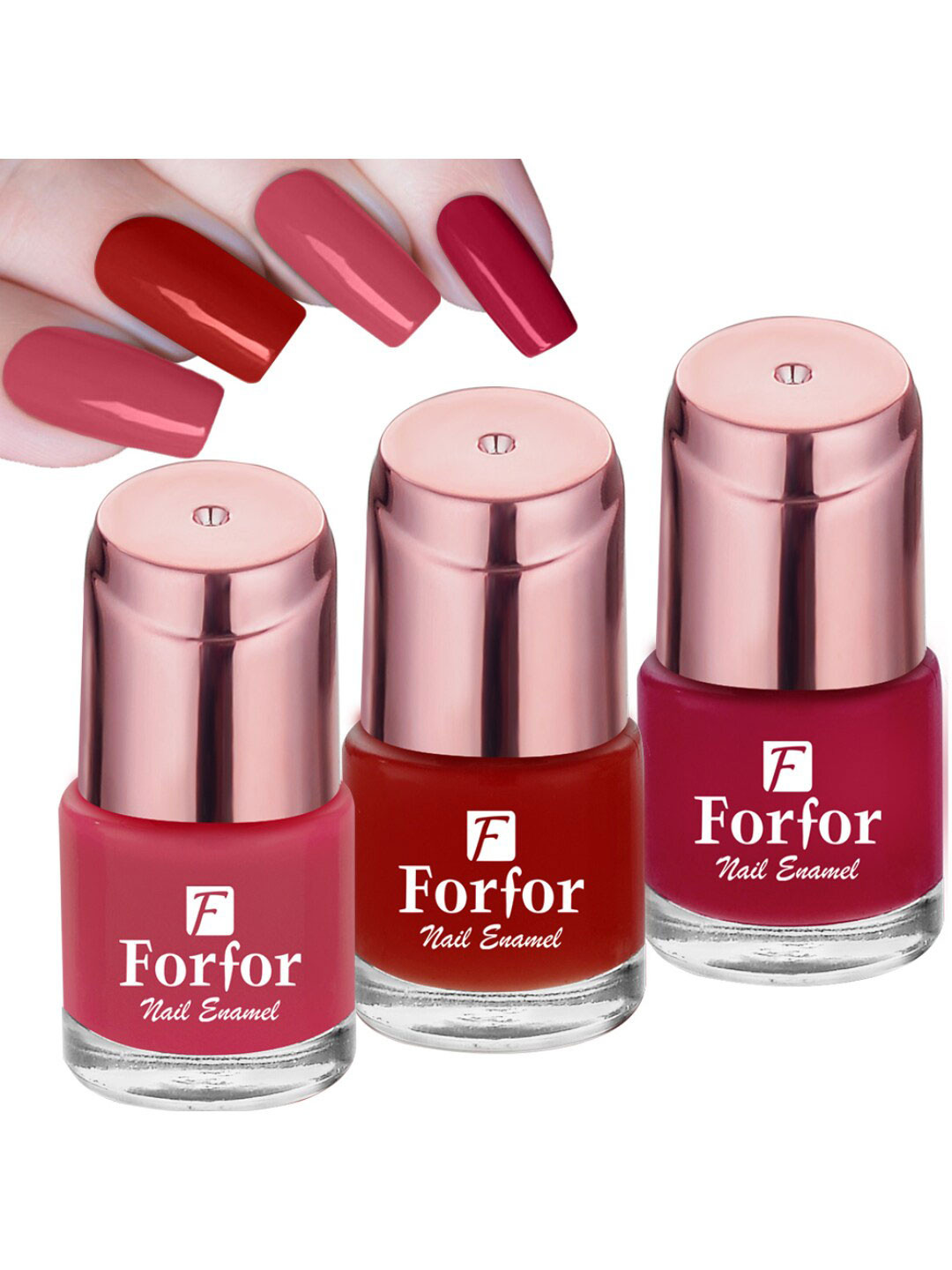 FORFOR Perfect Stay Rose Gold Set Of 3 Glossy Nail Polishes-Pink102-Deep Red107-Magenta101
