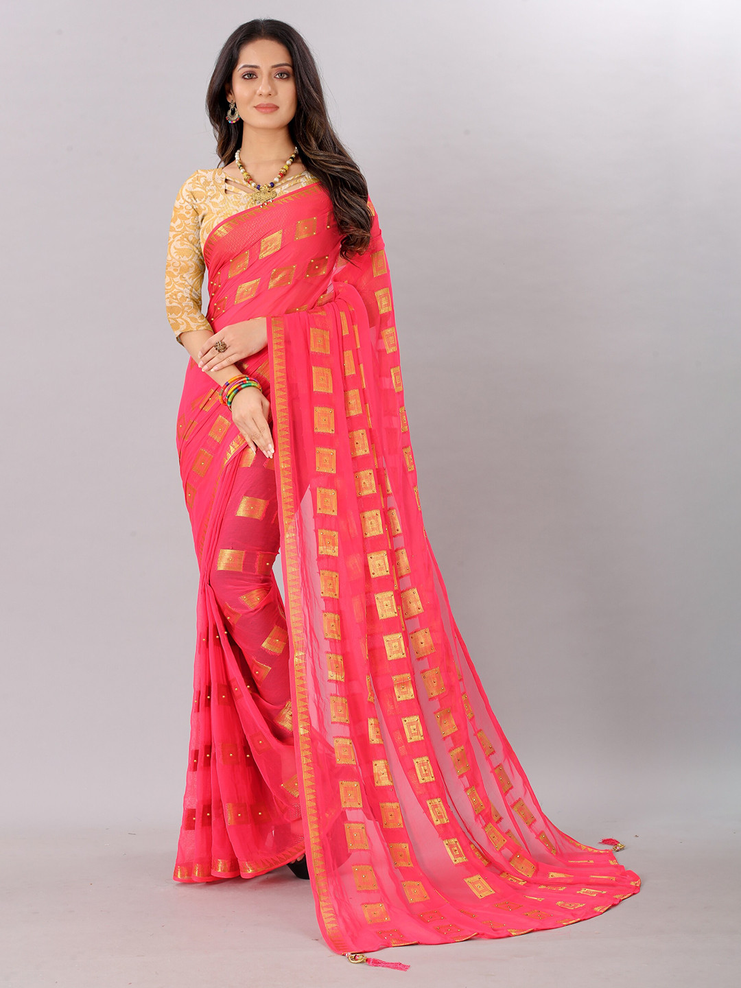 Rhey Geometric Woven Design Beads And Stones Embellished Pure Chiffon Saree