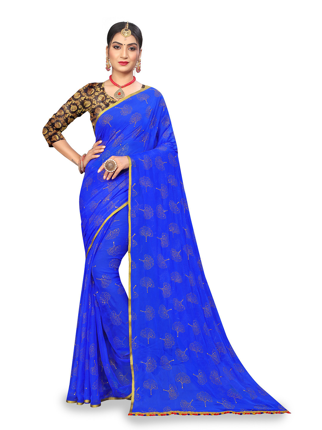 Rhey Floral Foil Print Poly Chiffon Saree