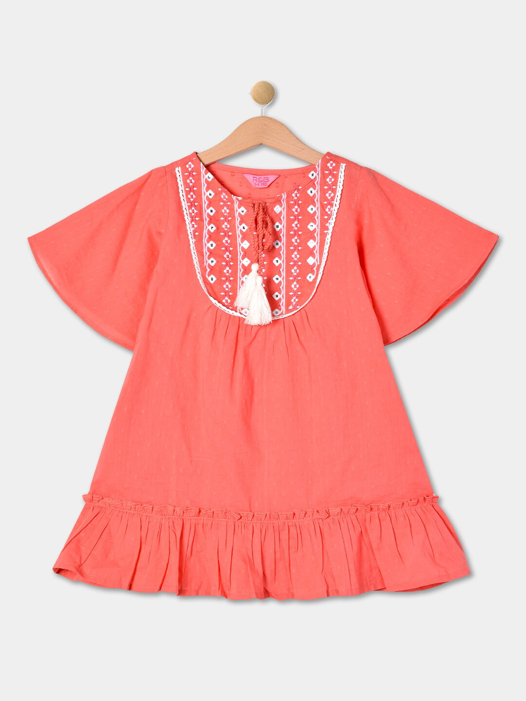 R&B Girls Self Design Flared Sleeve Embroidered & Tie Up Cotton A Line Dress