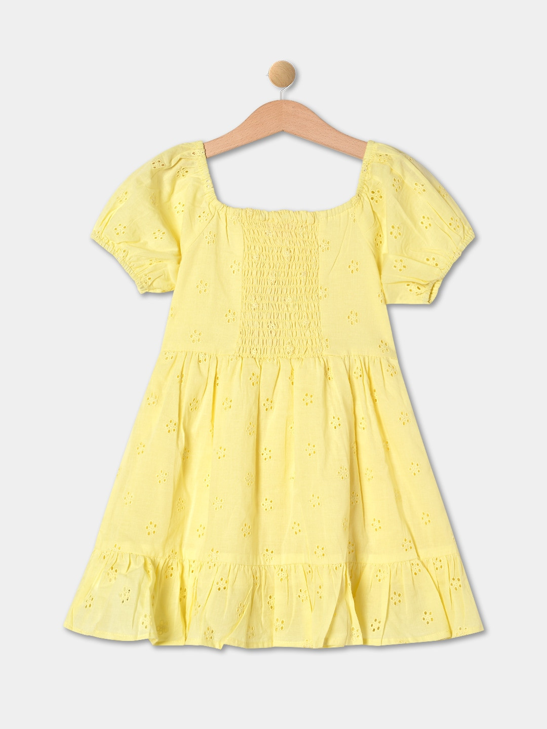 R&B Girls Self Design Puff Sleeve Smocked Schiffli Cotton Fit & Flare Dress