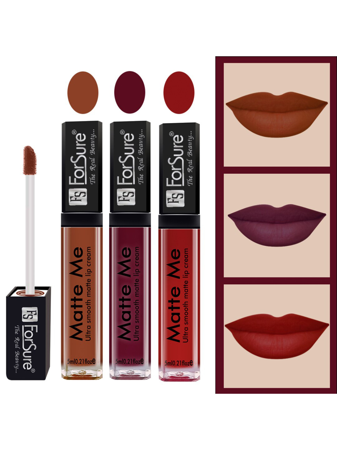 ForSure Set of 3 Matte Me Ultra Smooth Lip Cream 5ml Each-Rust Brown, Ruby Red, Matte Red