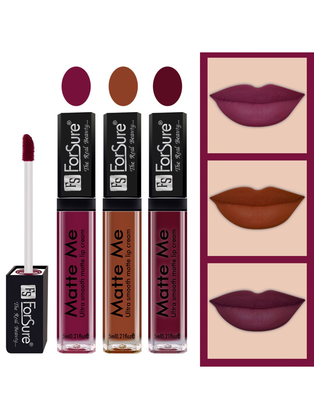 ForSure Set of 3 Matte Me Ultra Smooth Lip Cream 5ml Each-Royal Maroon,Rust Brown,Ruby Red