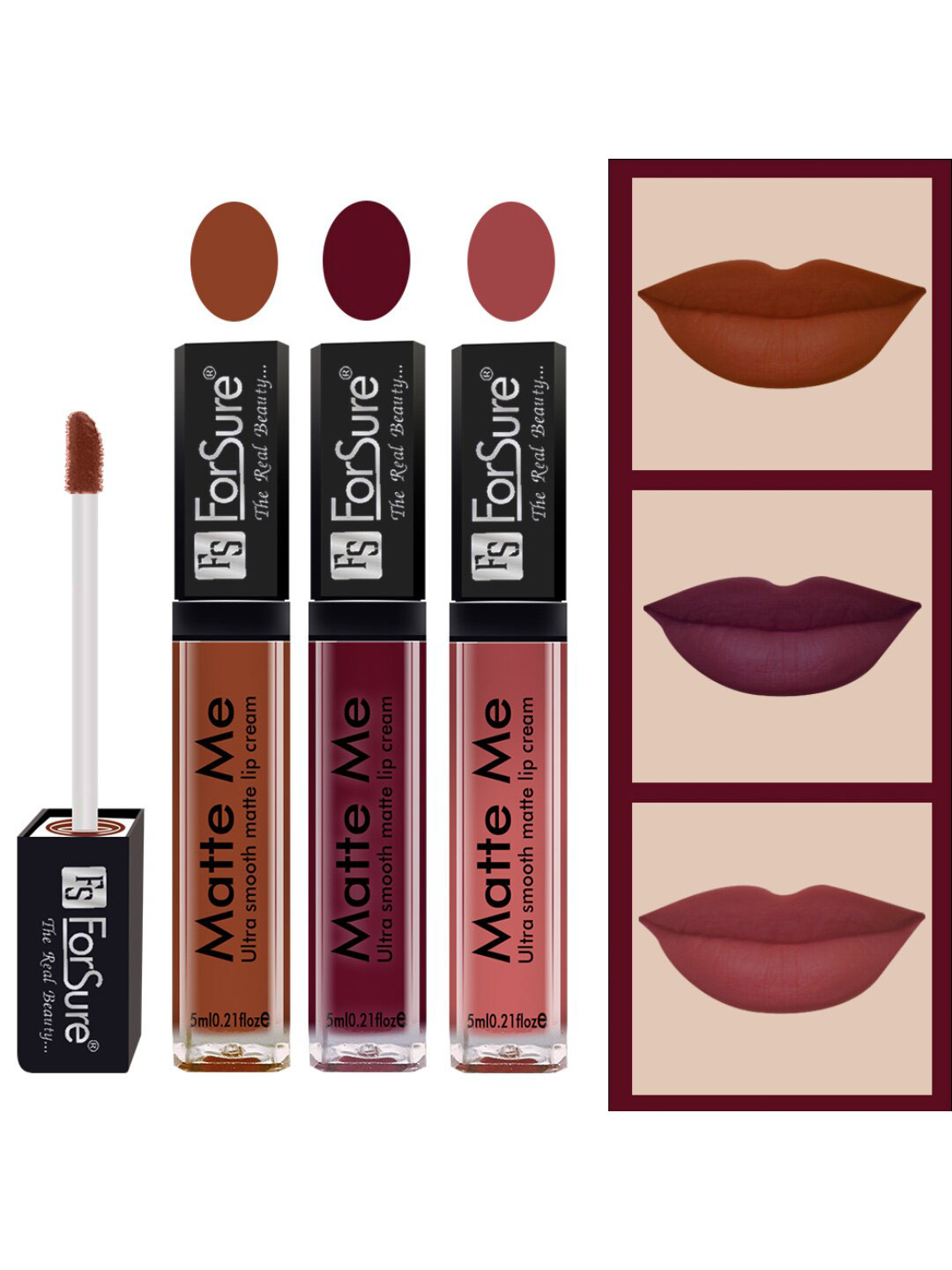 ForSure Set of 3 Matte Me Ultra Smooth Lip Cream 5 ml Each - Rust Brown, Ruby Red, Nude