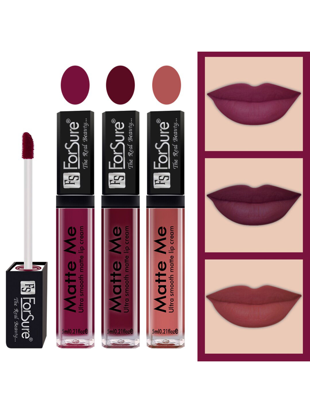 ForSure Set of 3 Matte Me Ultra Smooth Lip Cream 5 ml Each - Royal Maroon, Ruby Red, Nude