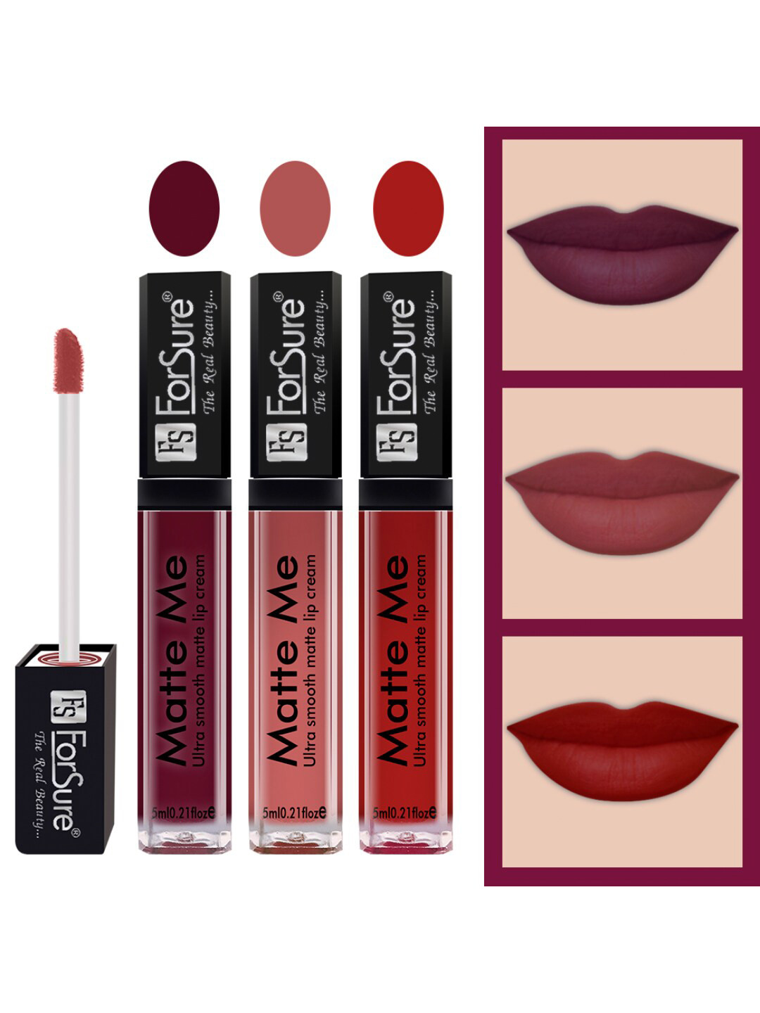 ForSure Set of 3 Matte Me Ultra Smooth Lip Cream 5 ml Each - Ruby Red, Nude, Matte Red