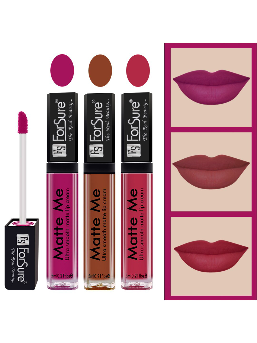 ForSure Set of 3 Matte Me Ultra Smooth Lip Cream 5ml Each - Magenta, Rust Brown ,Rich Pink