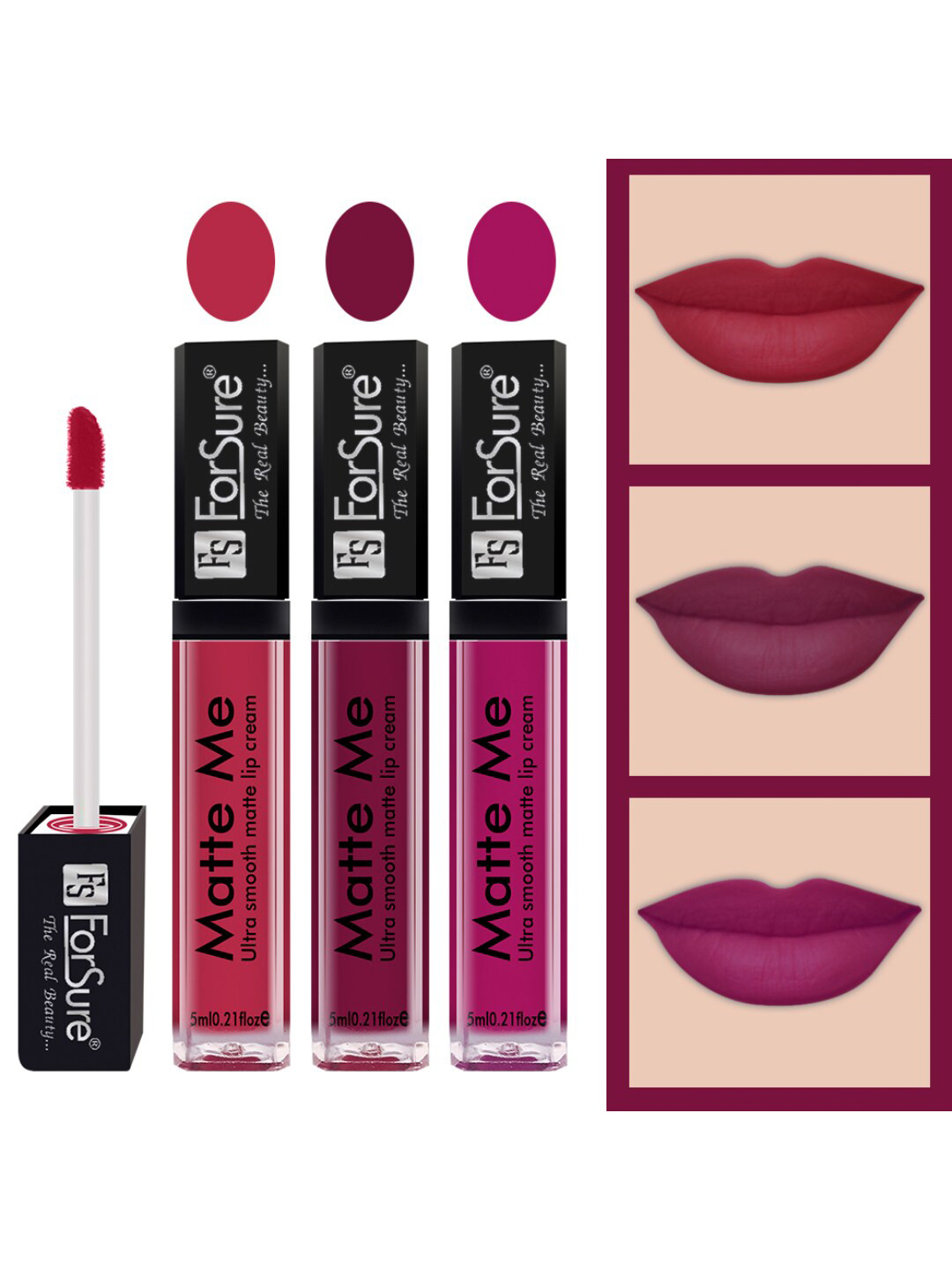 ForSure Set of 3 Matte Me Ultra Smooth Lip Cream 5ml Each-Rich Pink, Royal Maroon, Magenta