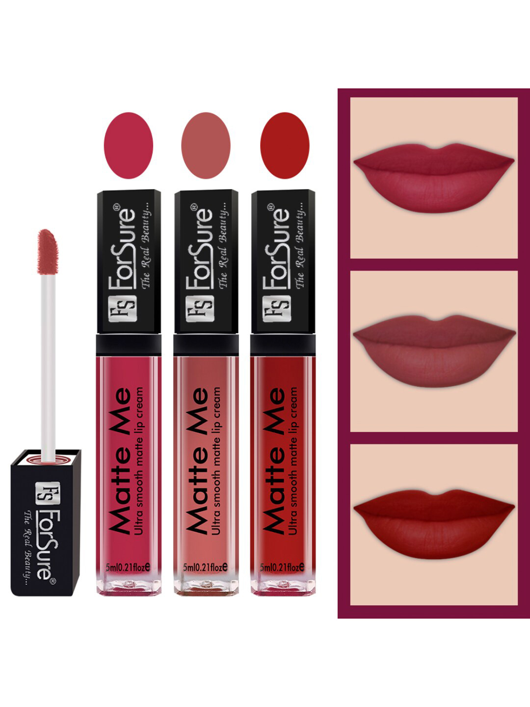 ForSure Set of 3 Matte Me Ultra Smooth Lip Cream 5 ml Each - Rich Pink, Nude, Matte Red