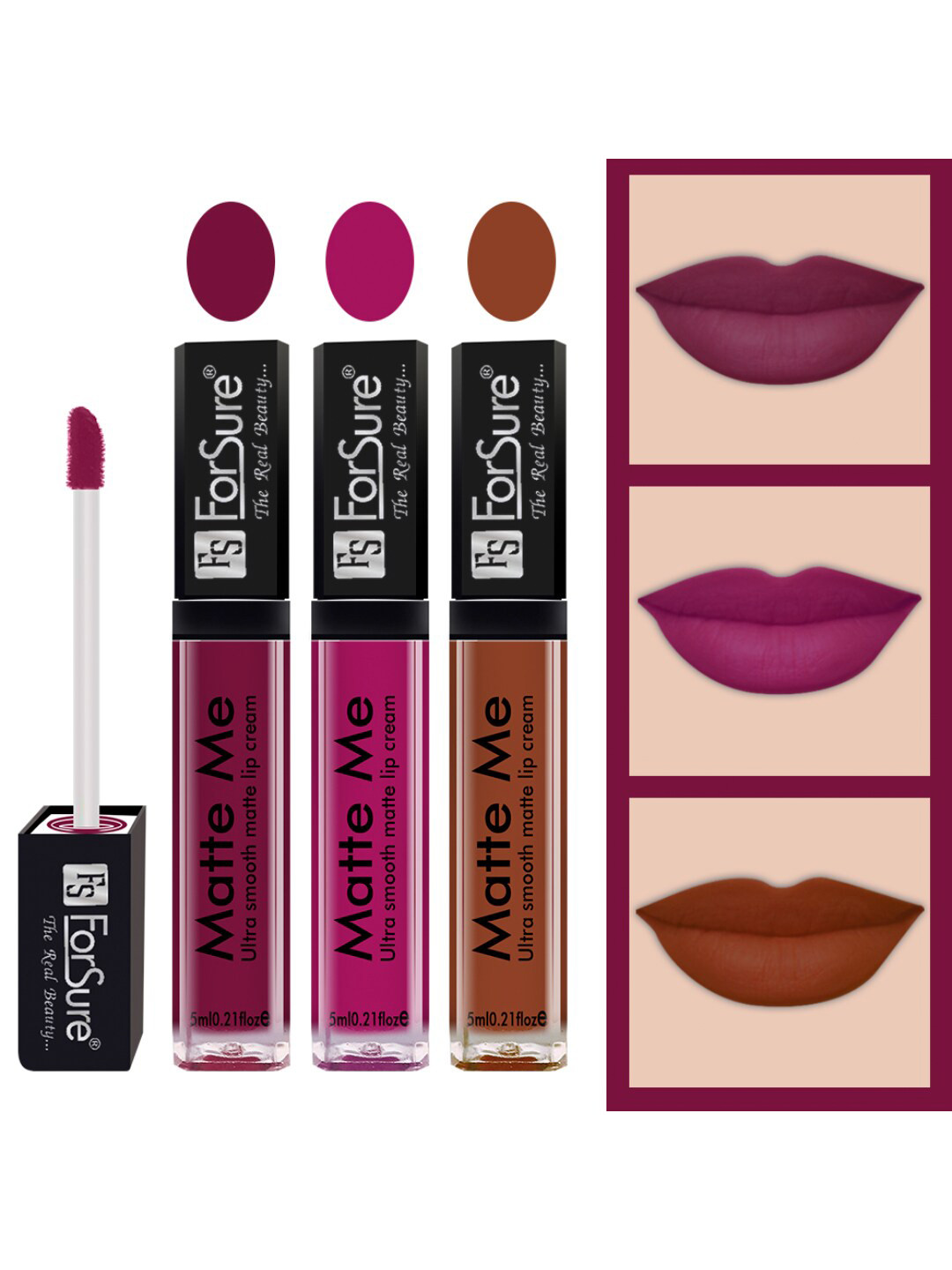 ForSure Set of 3 Matte Me Ultra Smooth Lip Cream 5ml Each-Royal Maroon,Magenta, Rust Brown