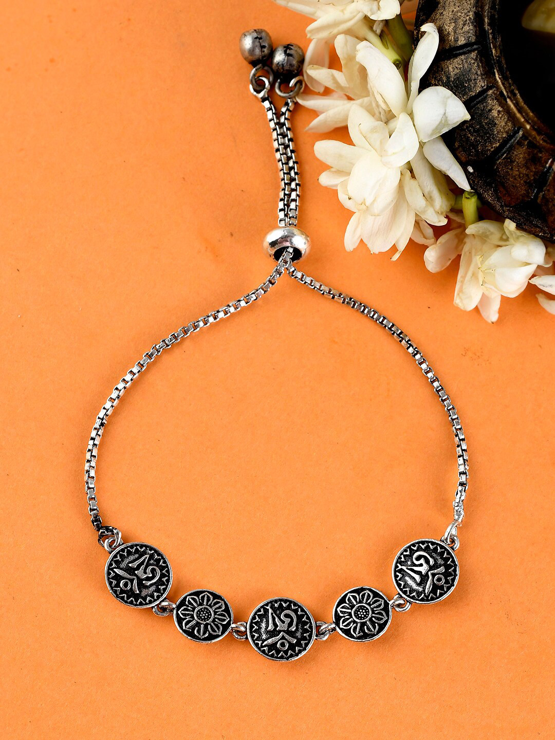 Voylla Silver-Plated Oxidised Knot Drawstring Charm Bracelet