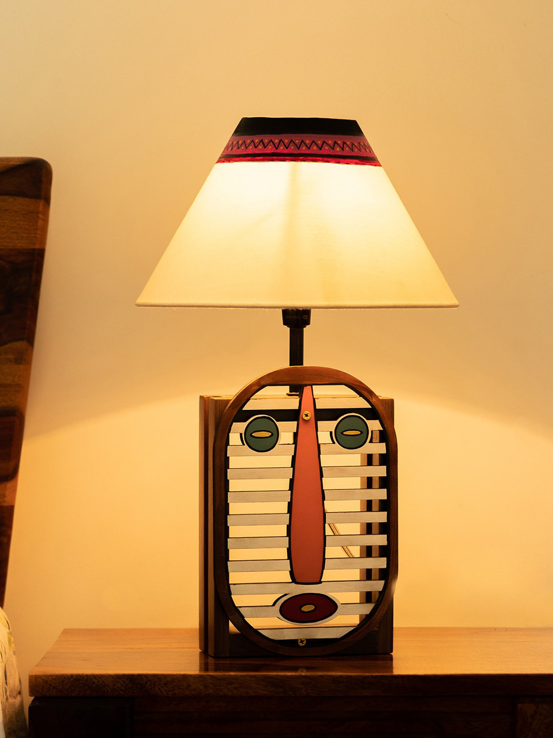 ExclusiveLane Beige & Brown Printed Wooden Table Lamp