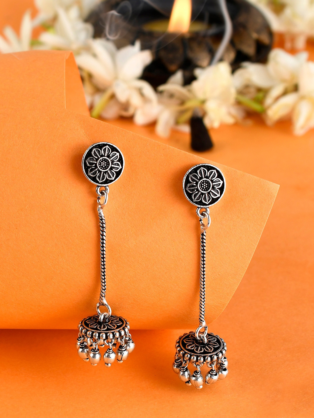 Voylla Silver-Pleated Drop Earrings