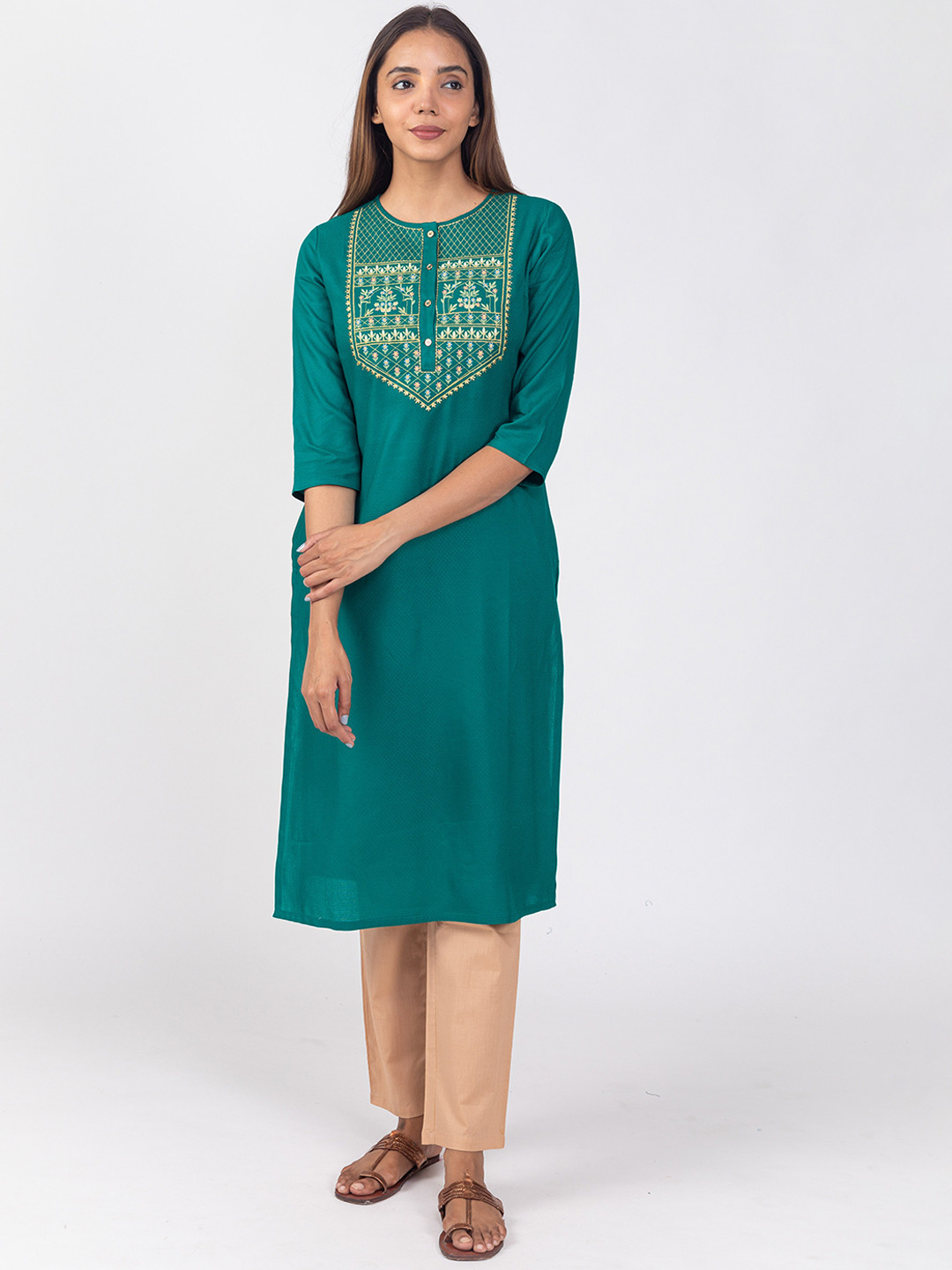 HERE&NOW Green Embroidered Yoke Designed Polka Dot Printed Straight Kurta