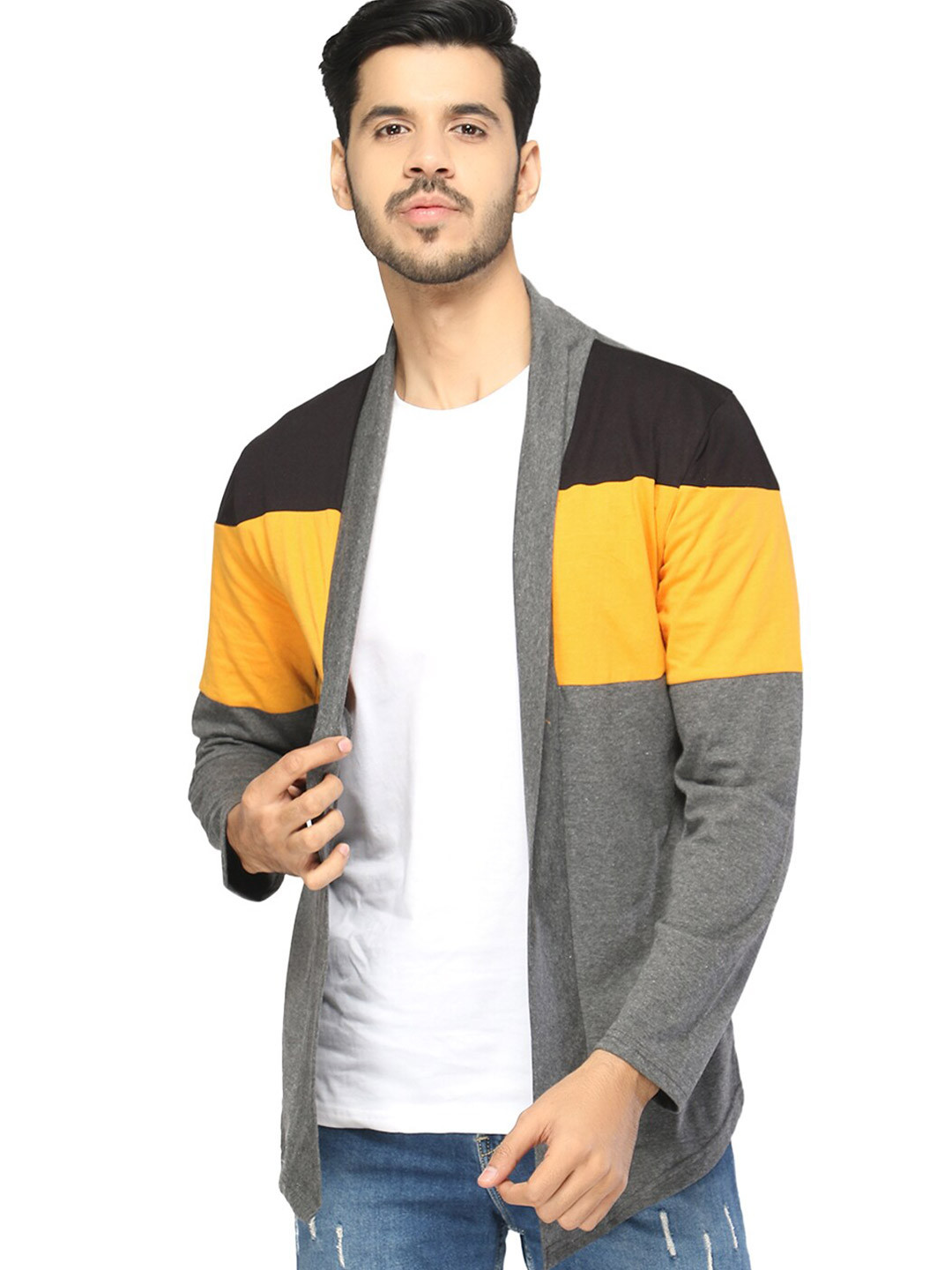 GLITO Colourblocked Shawl Collar Cotton Shrug