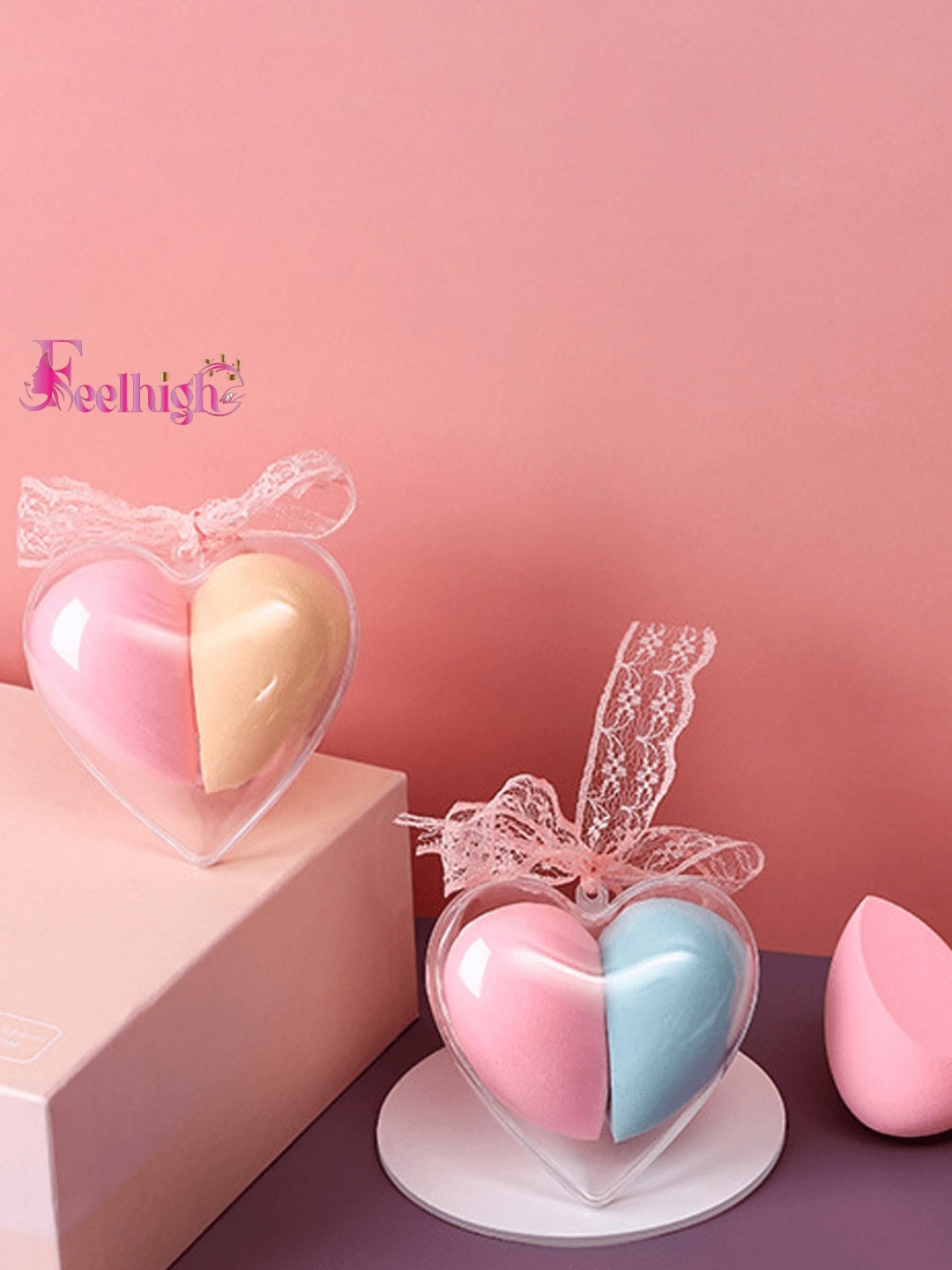 FEELHIGH Set of 4 Beauty Blenders Puff with Storage Box - Pink & Blue