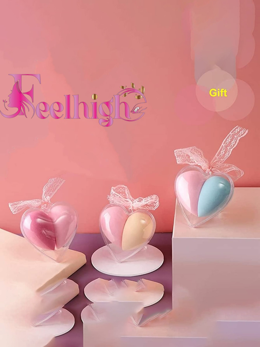 FEELHIGH Set of 6 Beauty Blenders Puff with Storage Box - Pink & Blue