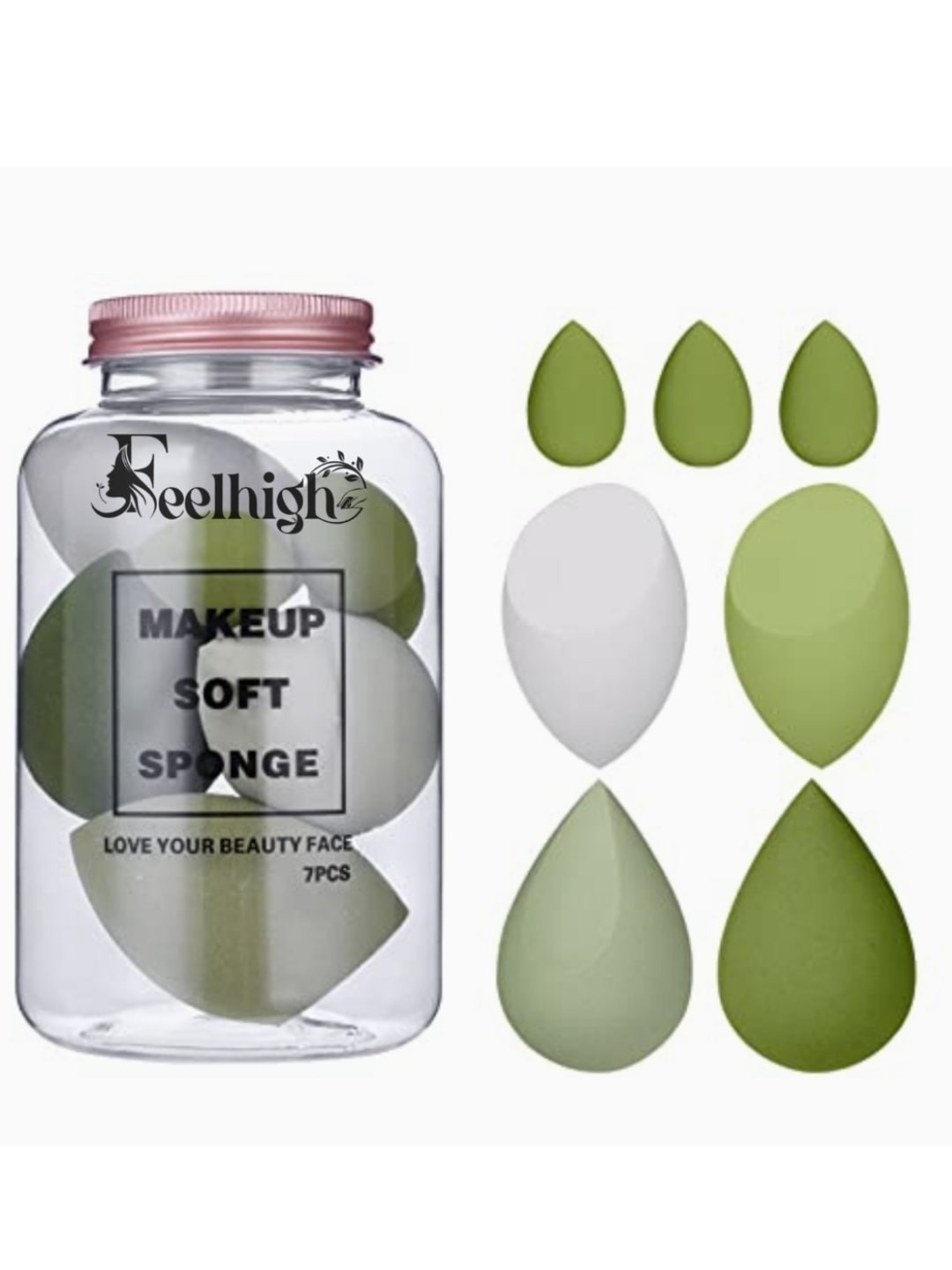 FEELHIGH Set of 7 Beauty Blenders Makeup Soft Sponges with Storage Jar - Green & White