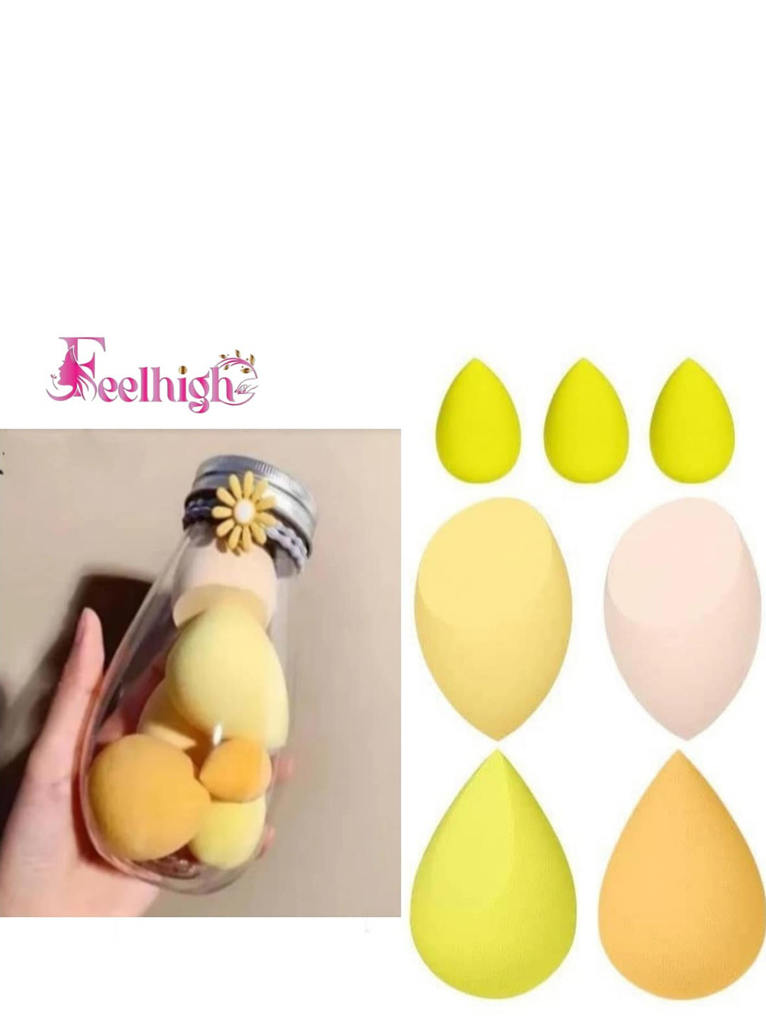 FEELHIGH Set of 7 Beauty Blenders Makeup Sponges with Storage Jar - Yellow