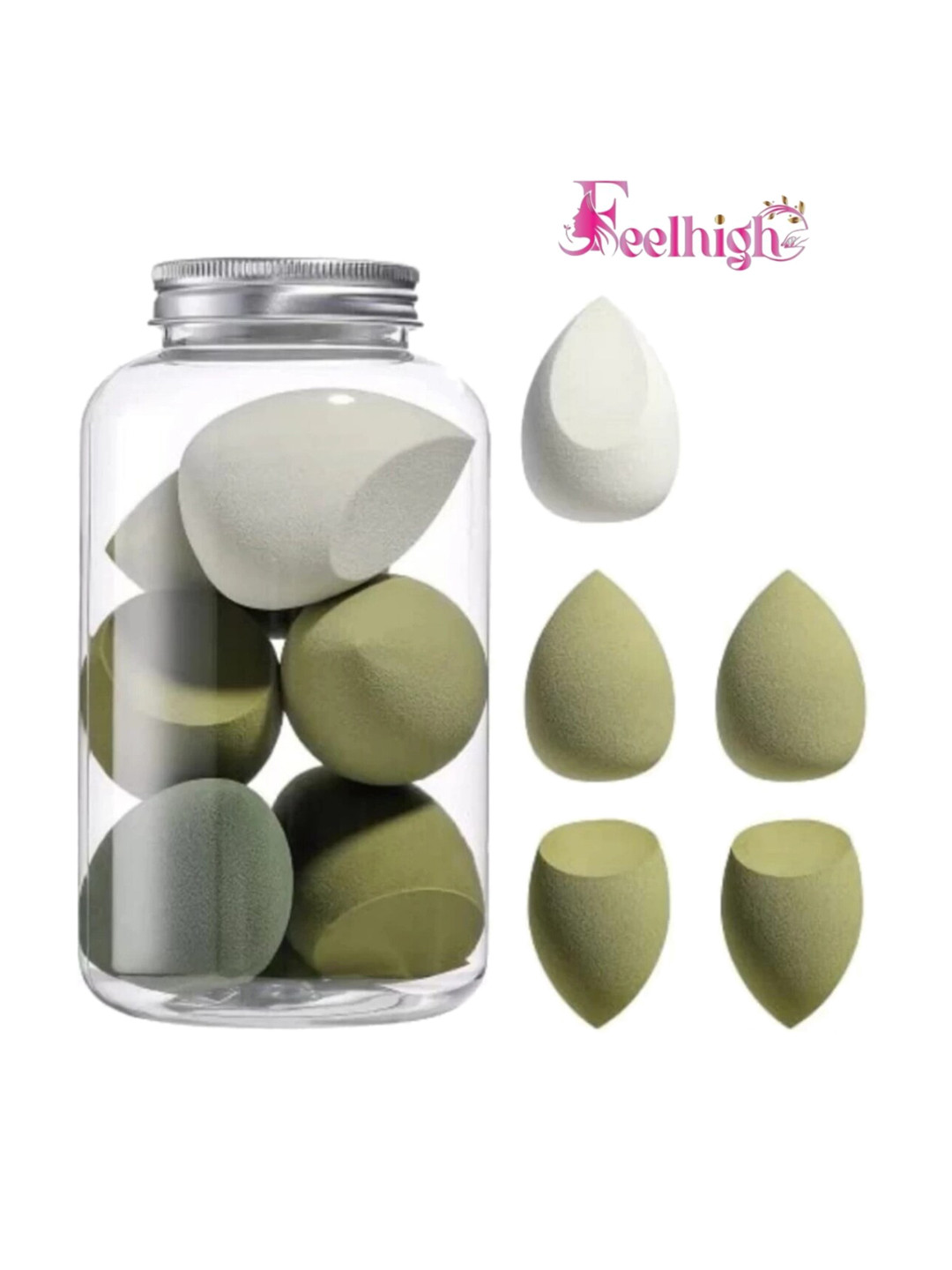 FEELHIGH Set of 5 Beauty Blenders Makeup Sponges with Storage Jar - Green & White