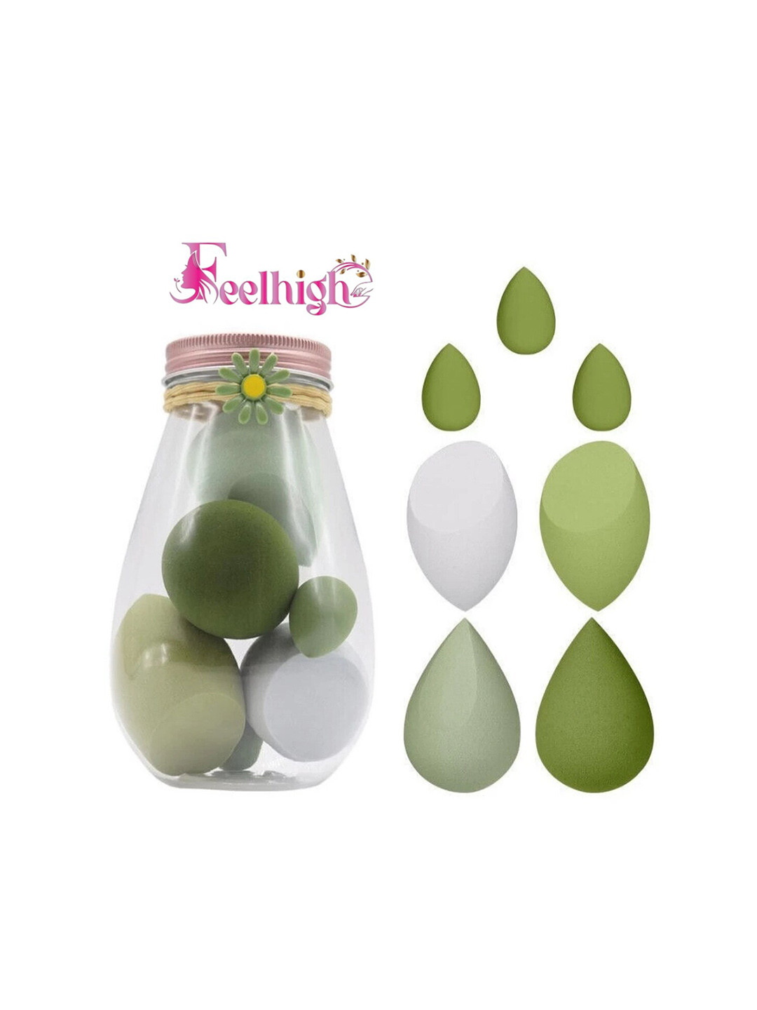 FEELHIGH Set of 7 Beauty Blenders Makeup Sponges with Storage Jar - Green & White