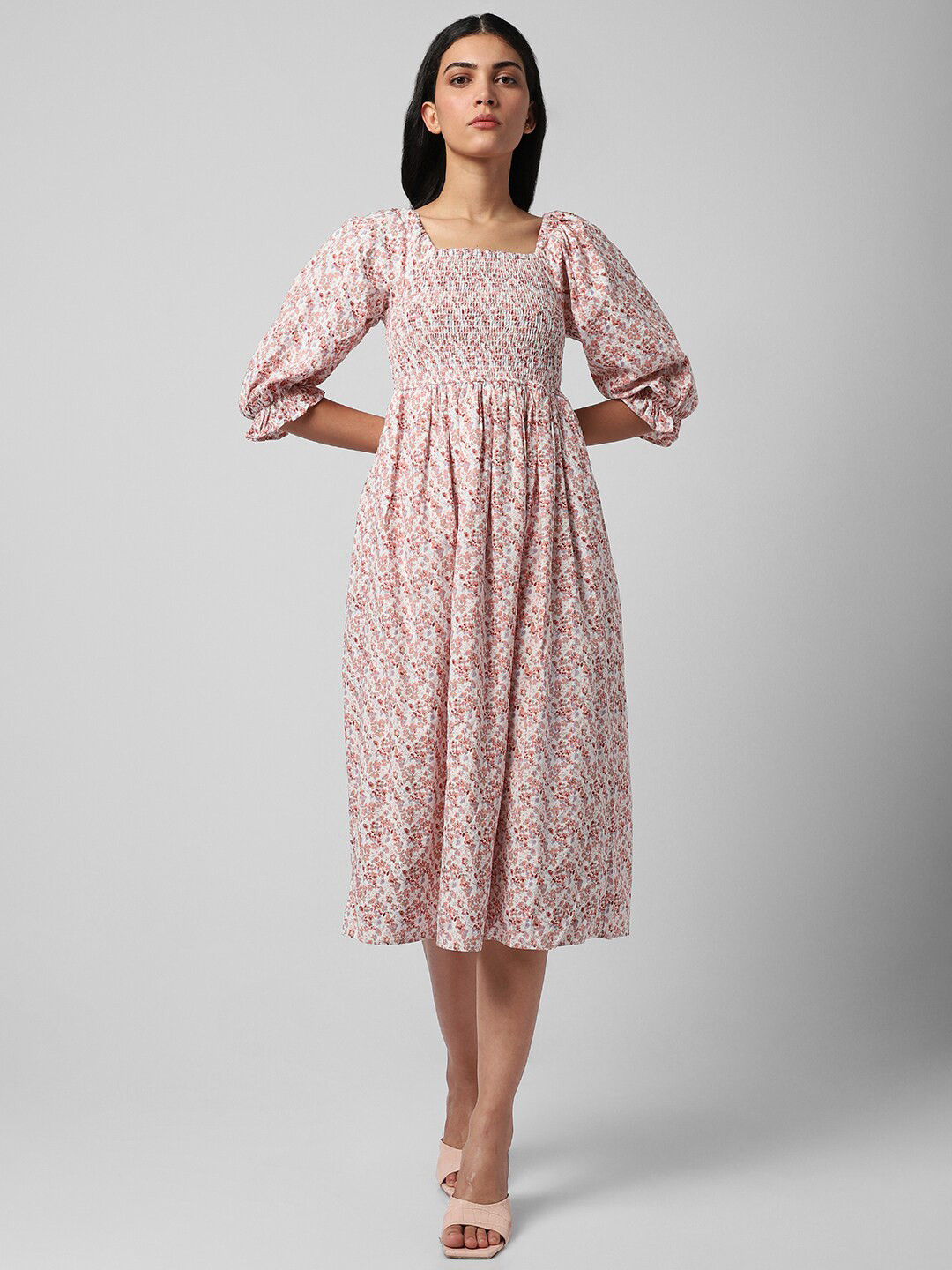 Van Heusen Woman Square Neck Puff Sleeves Smocked Pure Cotton Fit & Flare Dress