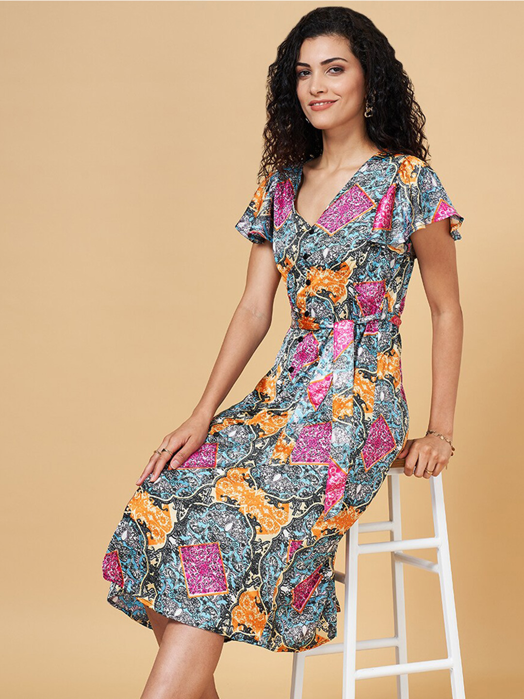 YU by Pantaloons Abstract Printed Flutter Sleeve Tie-up A-Line Midi Dress