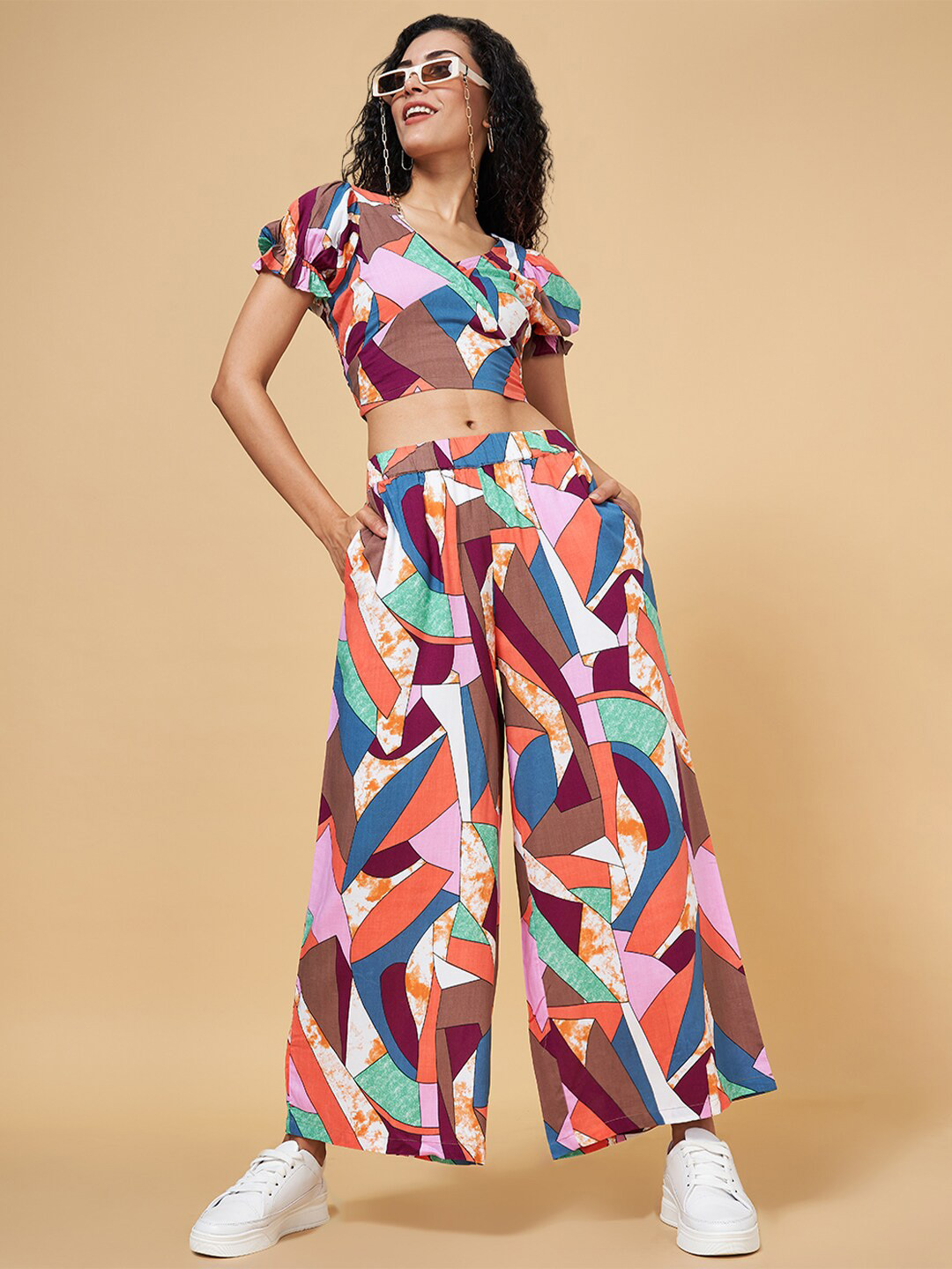 YU by Pantaloons Abstract Printed V-Neck Puff Sleeves Top With Bottom