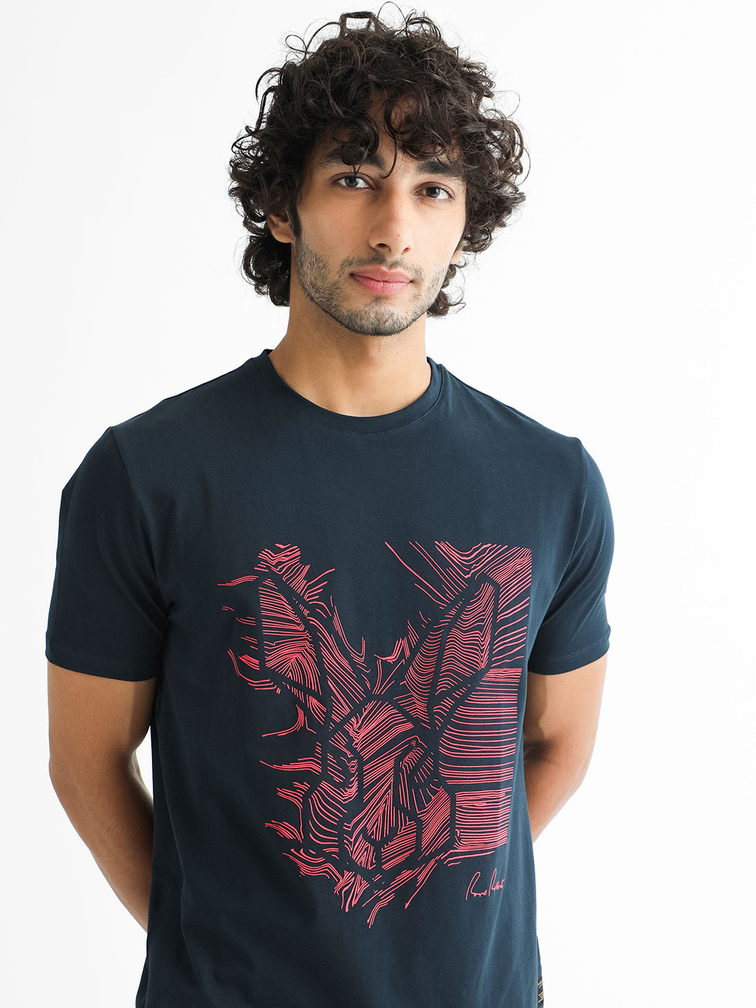 RARE RABBIT Men Digiwaves 2 Printed Slim Fit Cotton T-Shirt