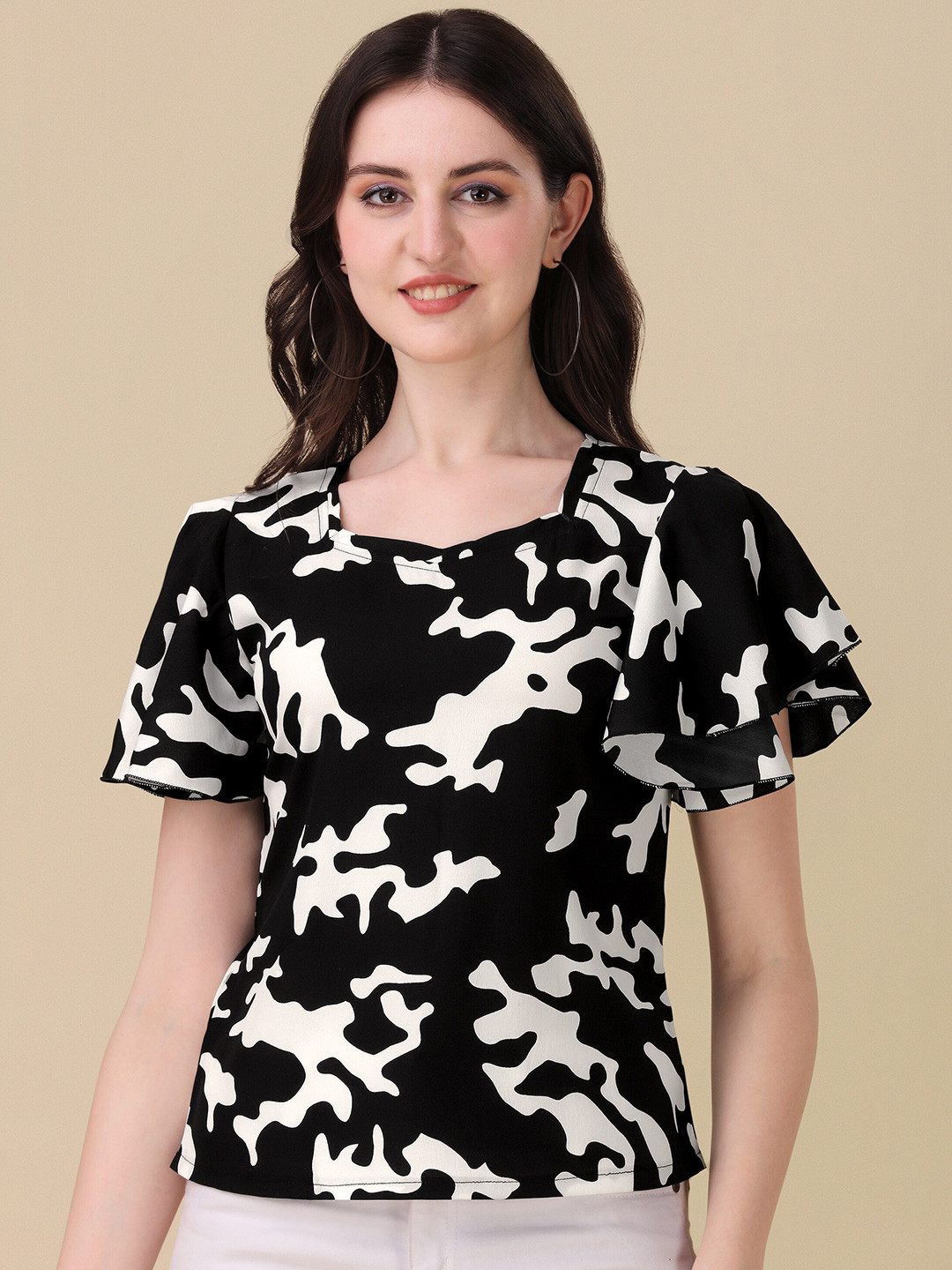SHEETAL Associates Printed Flutter Sleeve Crepe Top