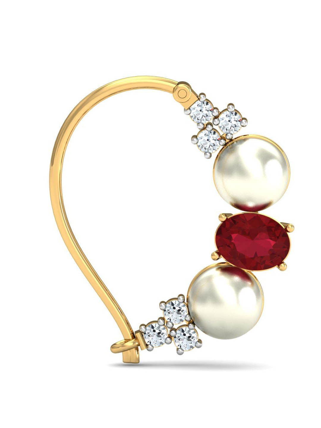 KUBERBOX 18KT Gold Diamond-Studded Garnet and Pearl Studded Nose Pin-1.02gm