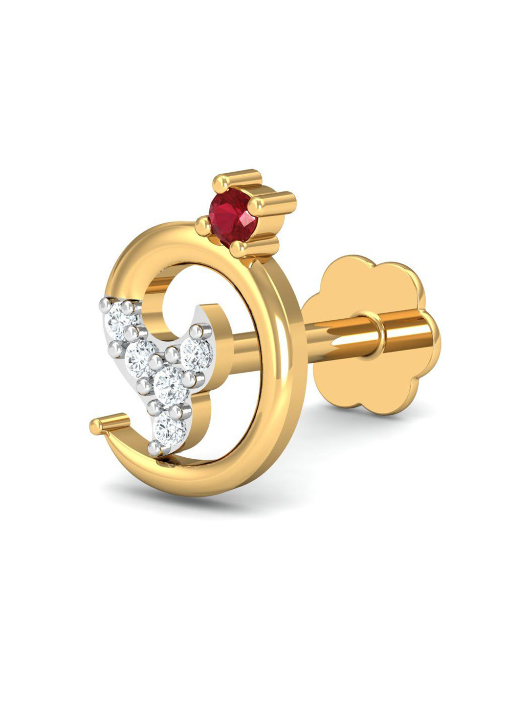 KUBERBOX 18K Yellow Gold Diamond Fishtail Ruby Nose Pin