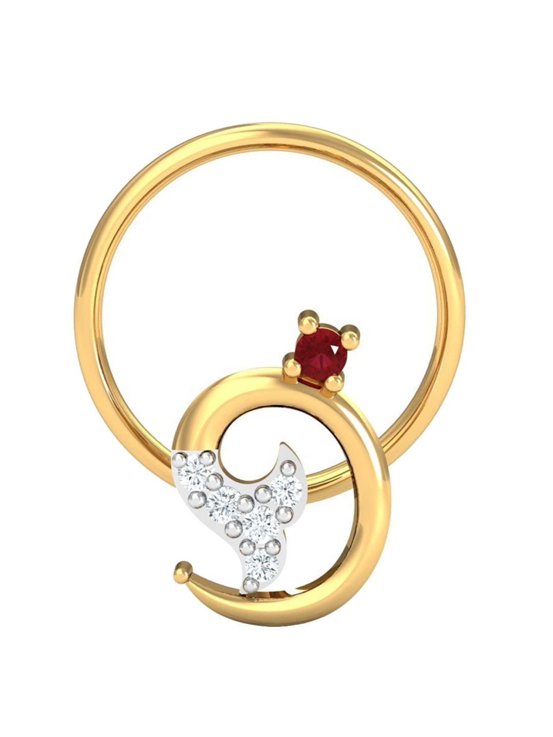 KUBERBOX Fishtail 18KT Gold Diamond Studded Ruby Nose Pin-0.45 gm